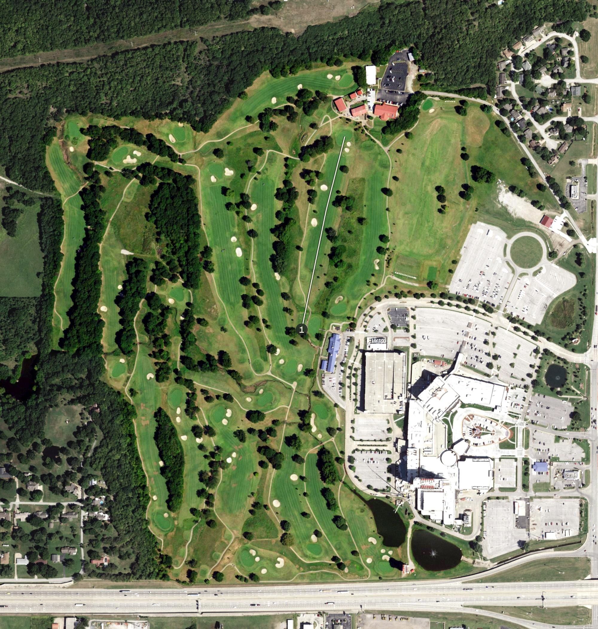 Aerial view of Cherokee Hills Golf Club, OK, with its hole routing marked