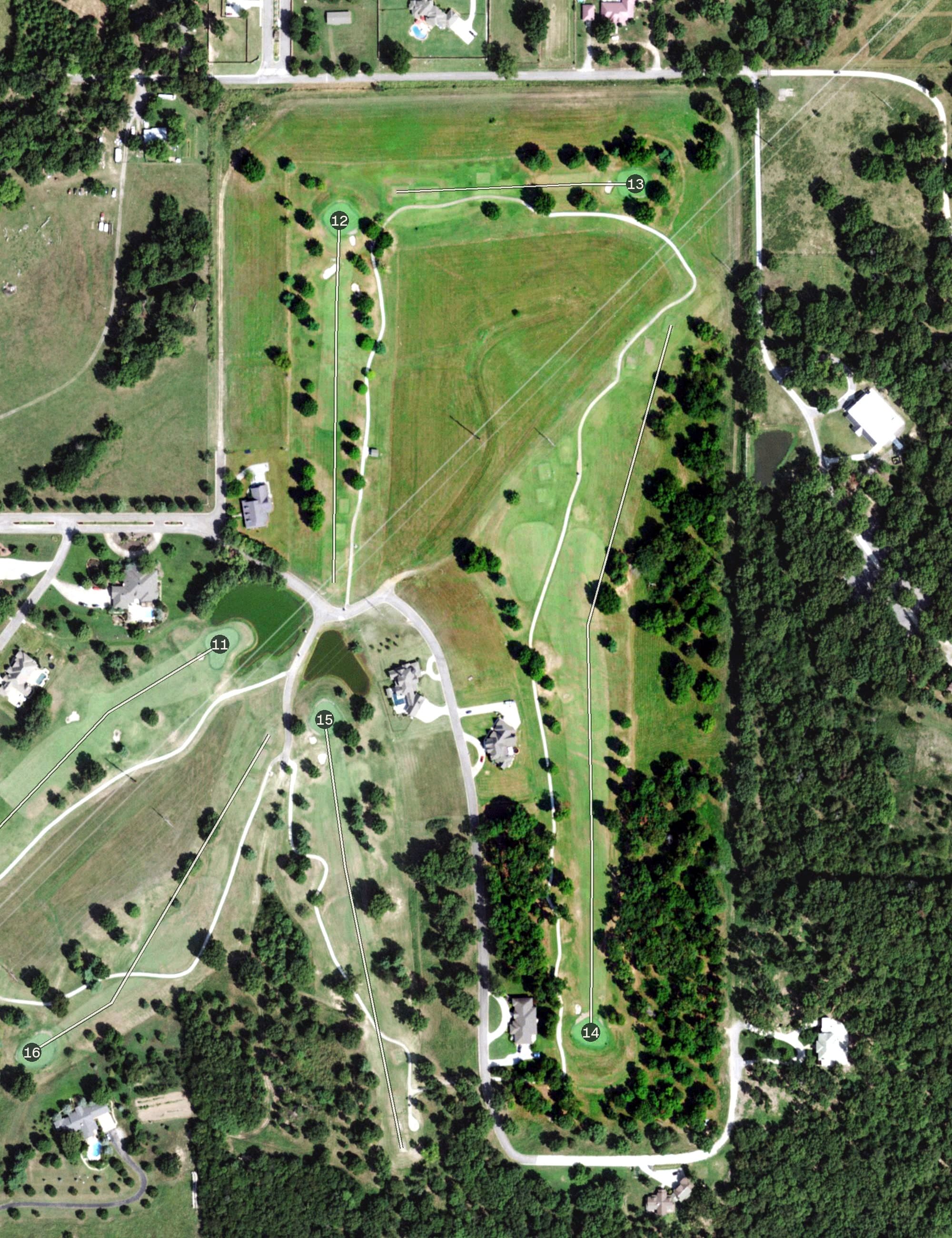 Aerial view of Cherokee Springs Golf Club, OK, with its hole routing marked