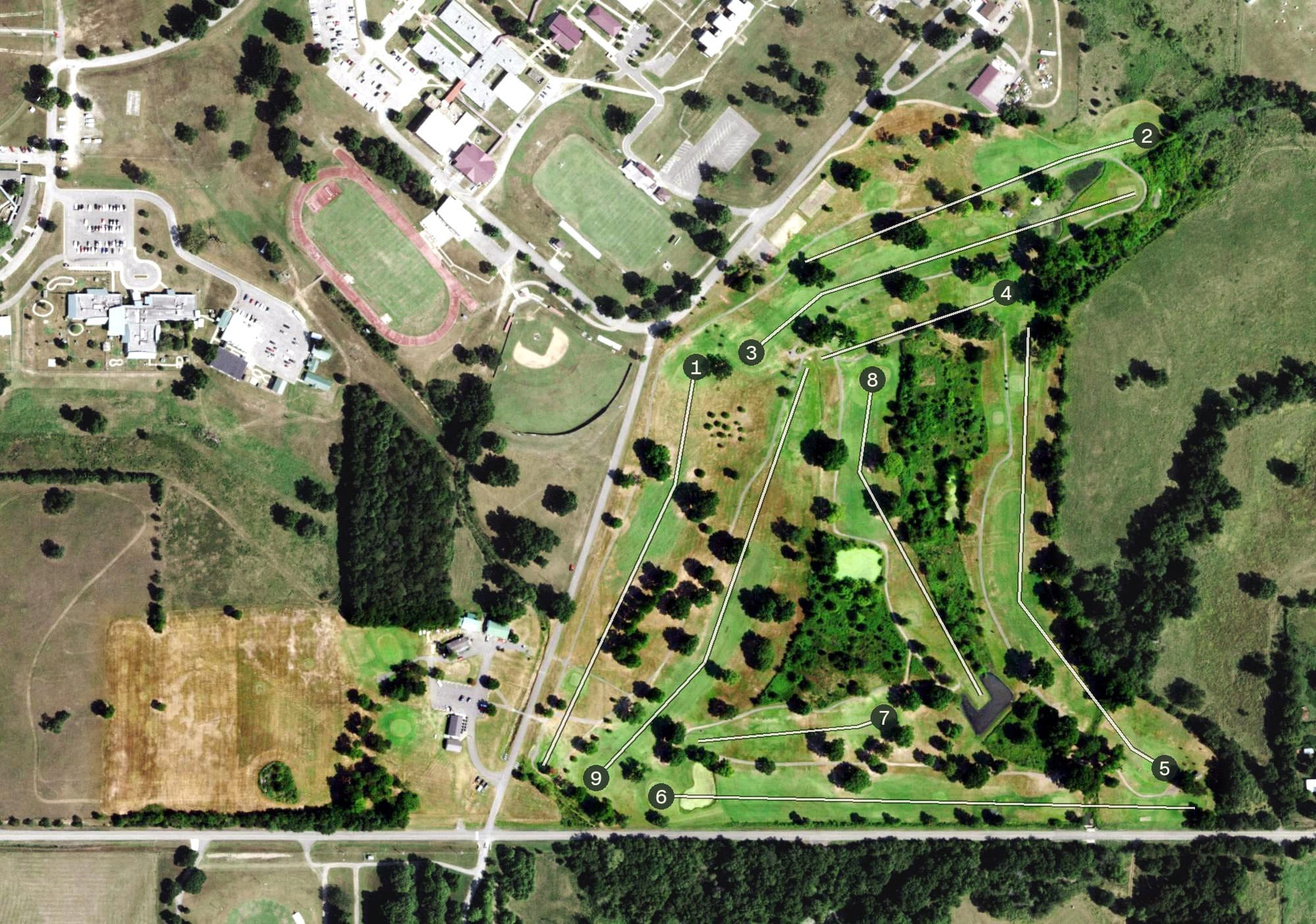 Aerial view of Cherokee Trails Golf Course, OK, with its hole routing marked