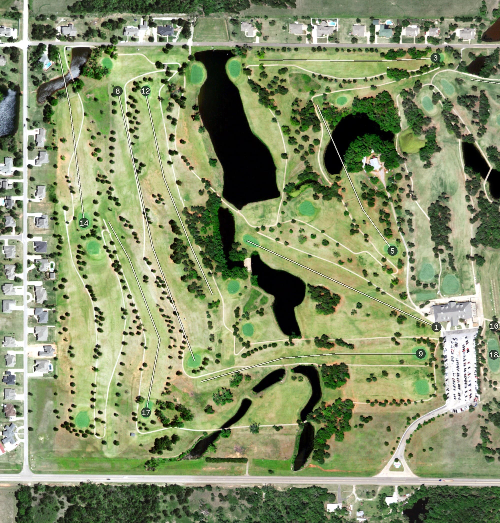 Aerial view of Cimarron National Golf Club - Aqua Canyon Course, OK, with its hole routing marked
