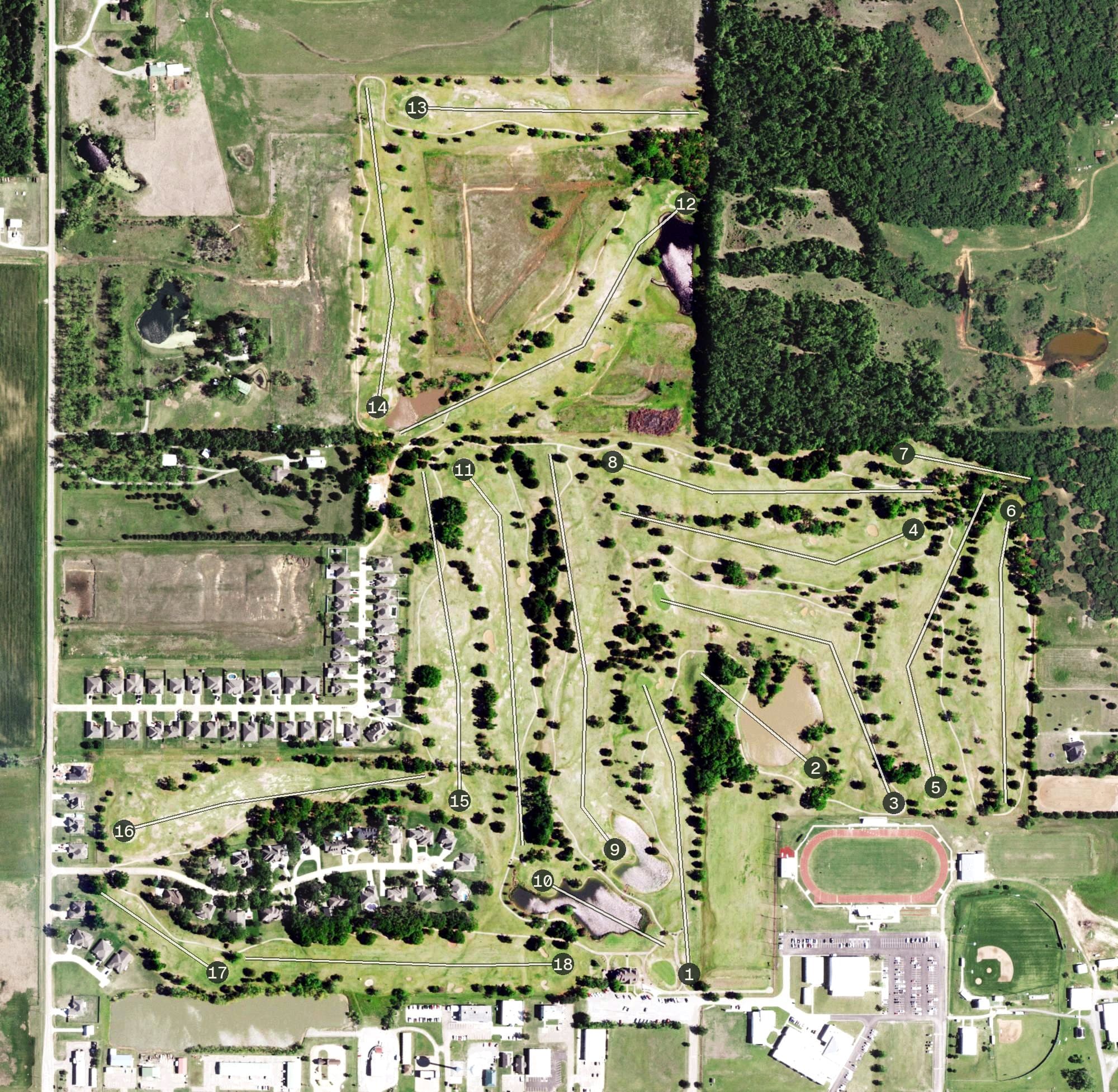 Aerial view of Cimarron Trails, OK, with its hole routing marked