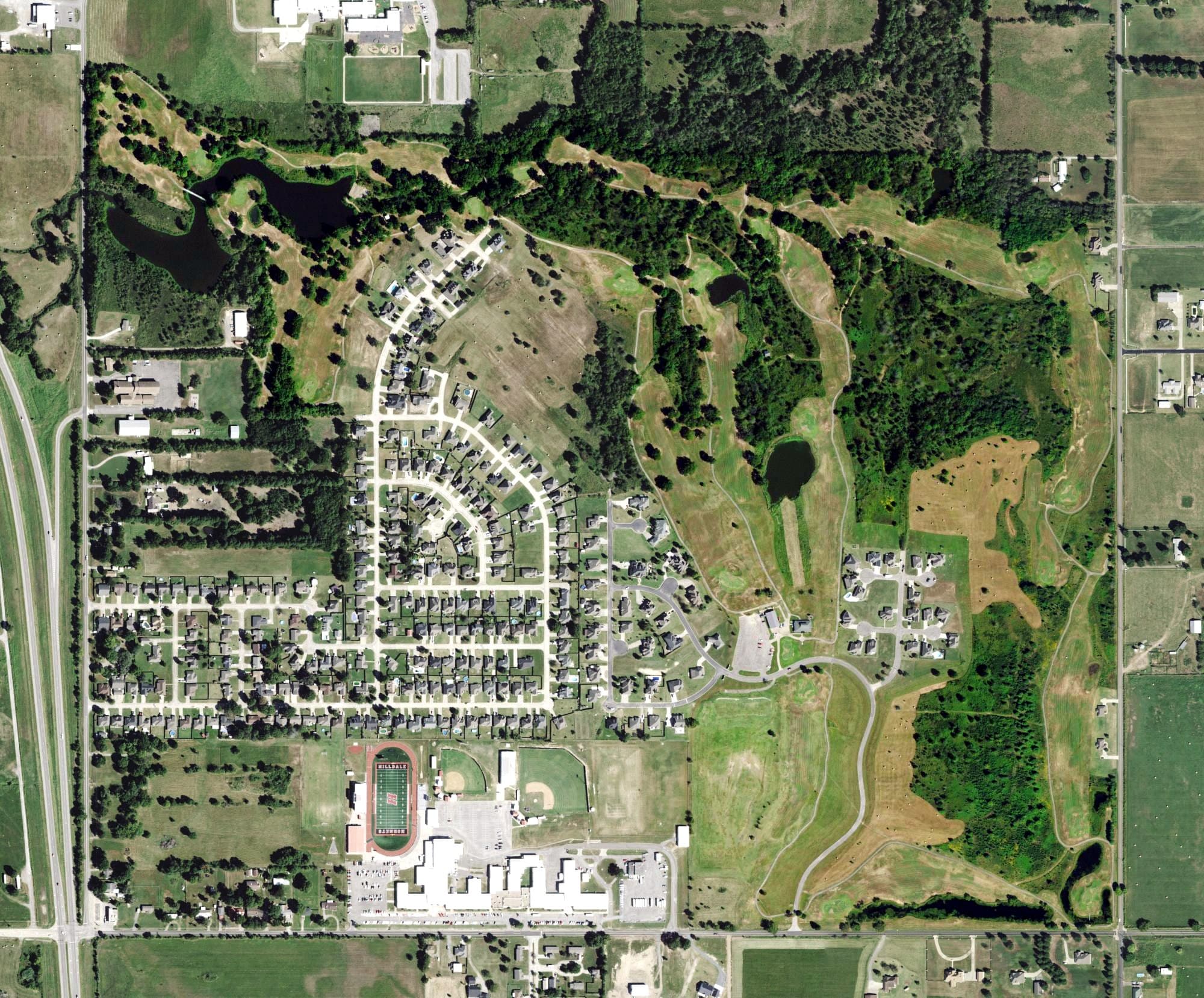 Aerial view of Cobblestone Golf Course, OK, with its hole routing marked