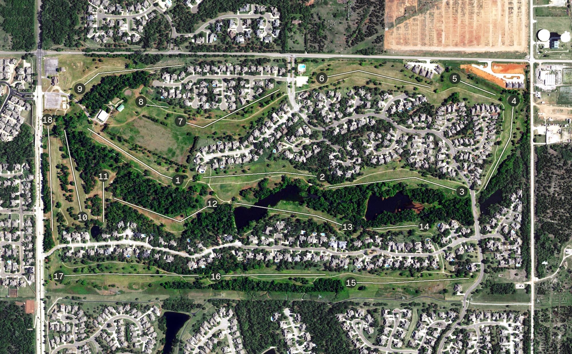 Aerial view of Coffee Creek Golf Course, OK, with its hole routing marked