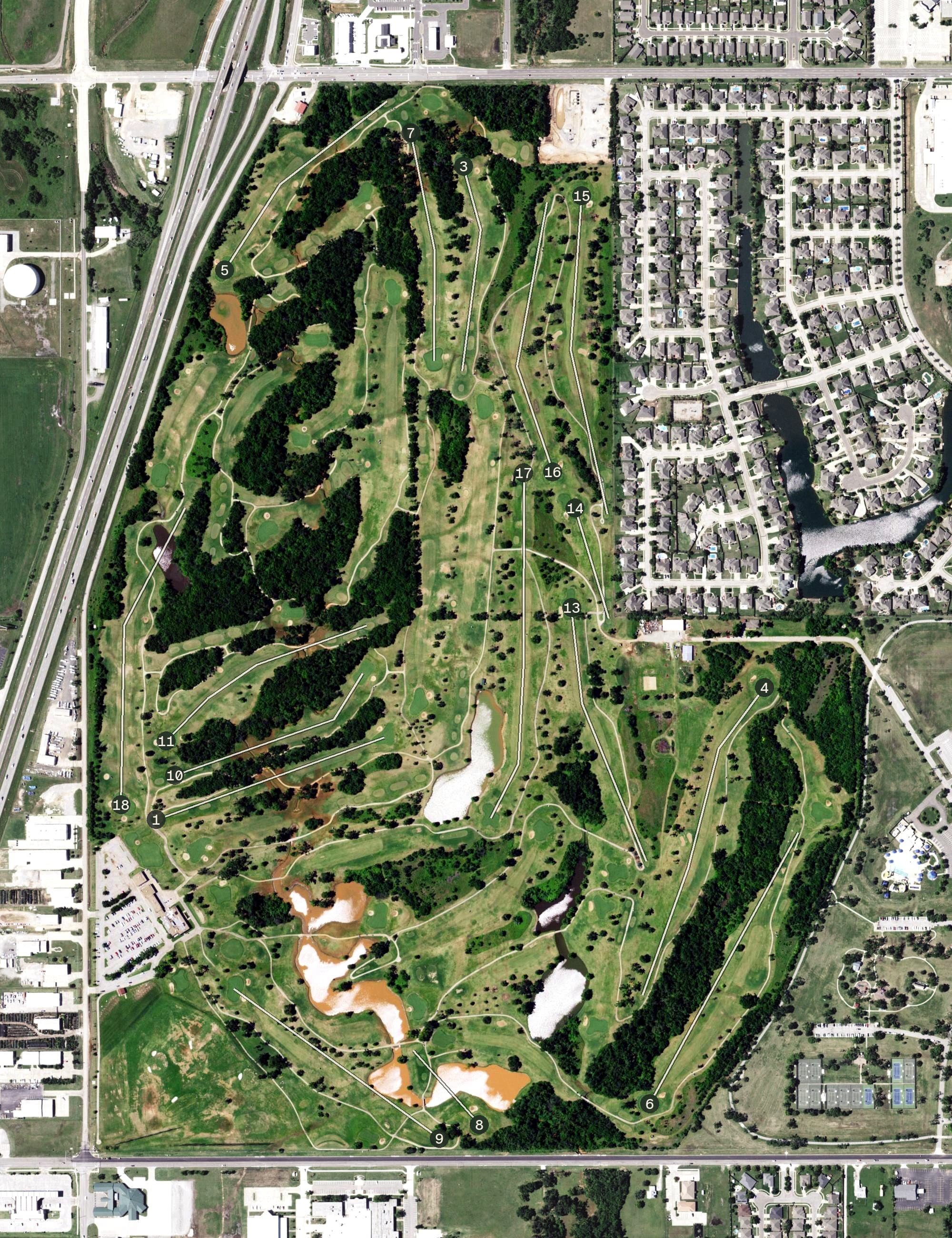 Aerial view of Earlywine Golf Club, OK, with its hole routing marked