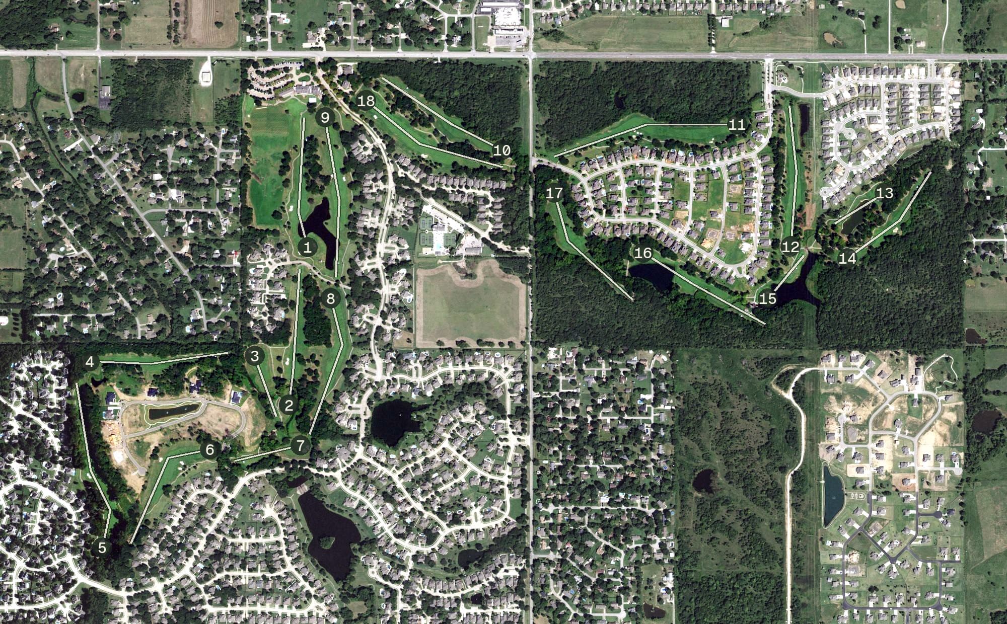 Aerial view of Forest Ridge Golf Club, OK, with its hole routing marked