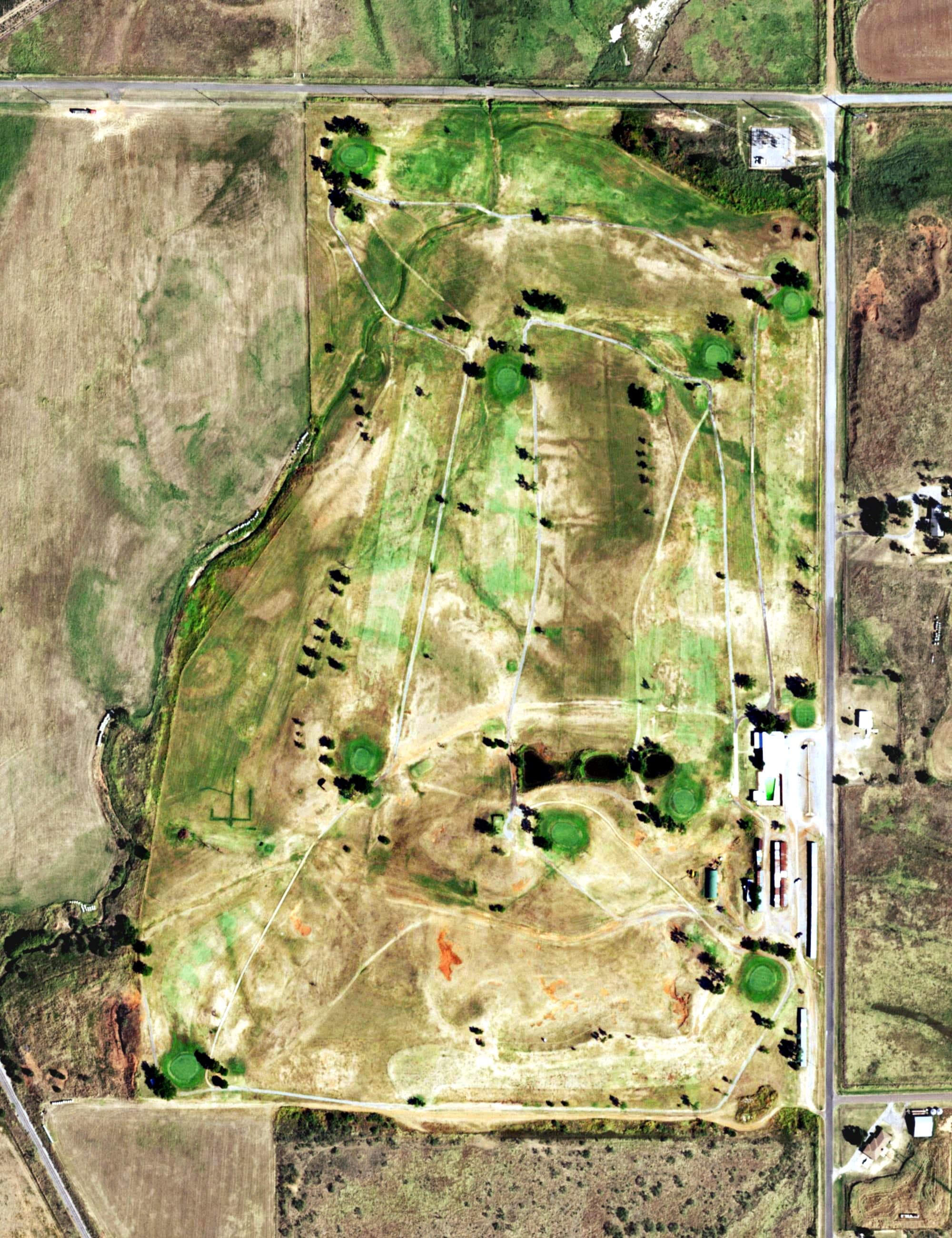 Aerial view of Frederick Country Club, OK, with its hole routing marked