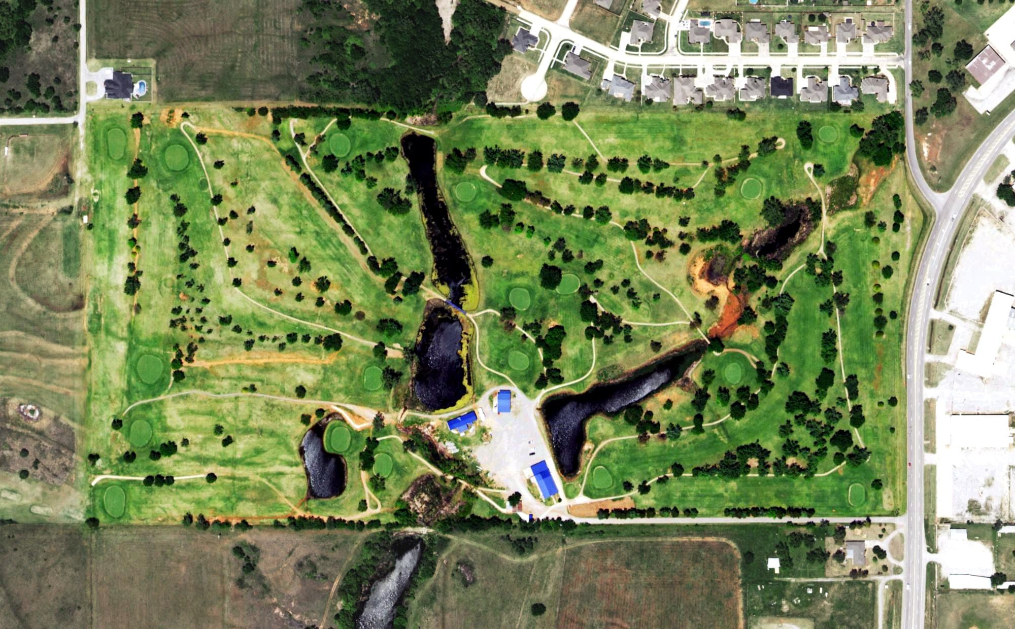 Aerial view of Generations Golf Course, OK, with its hole routing marked