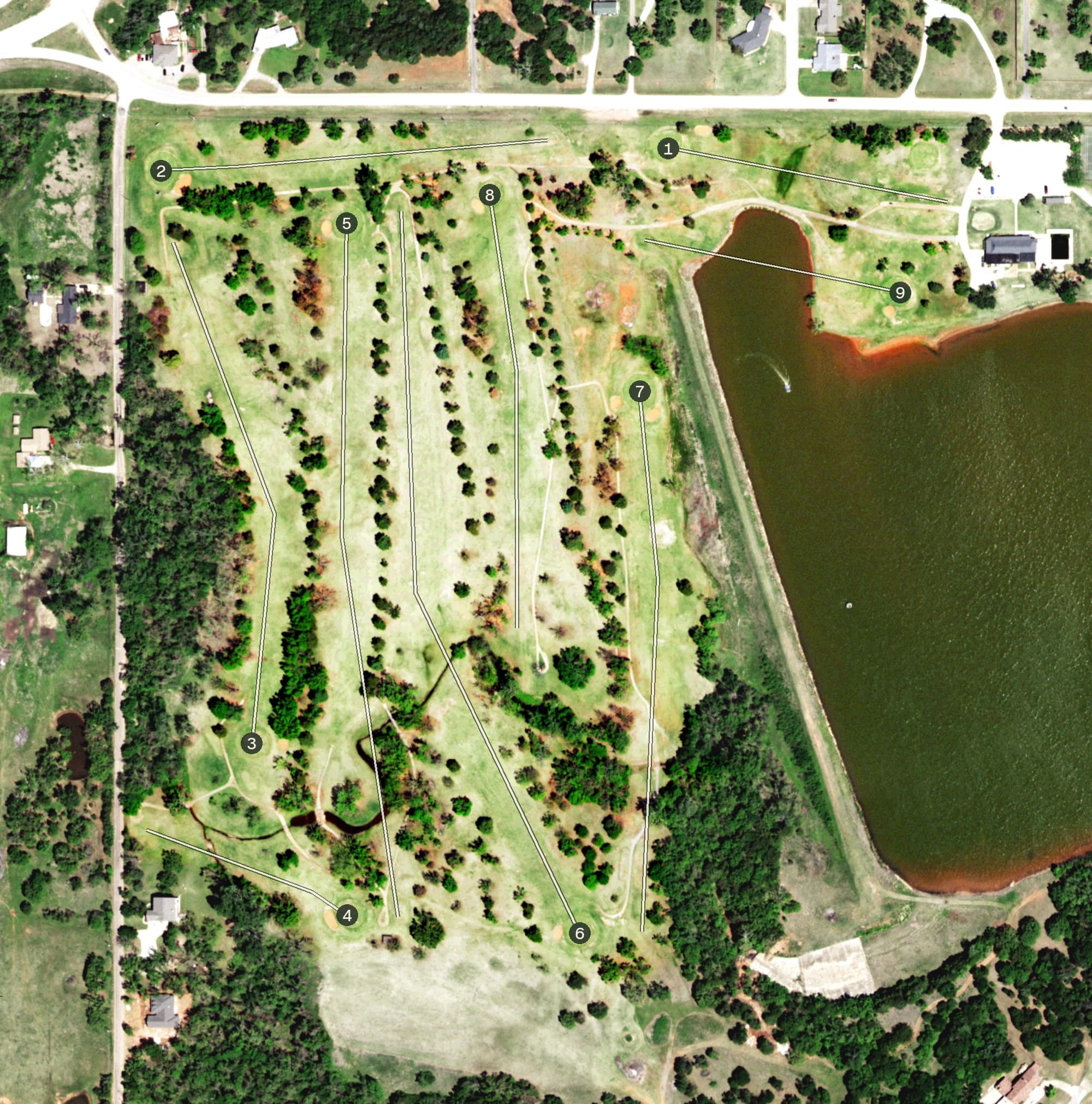 Aerial view of Guthrie Golf & Country Club, OK, with its hole routing marked