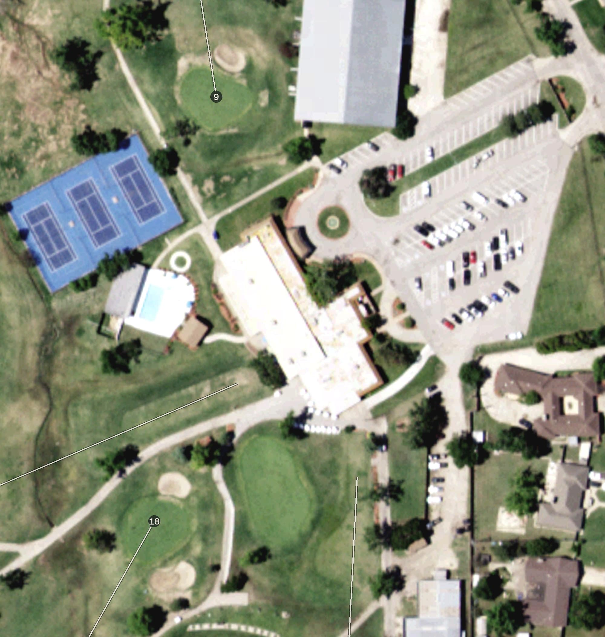 Aerial view of Hidden Trails Golf & Country Club, OK, with its hole routing marked