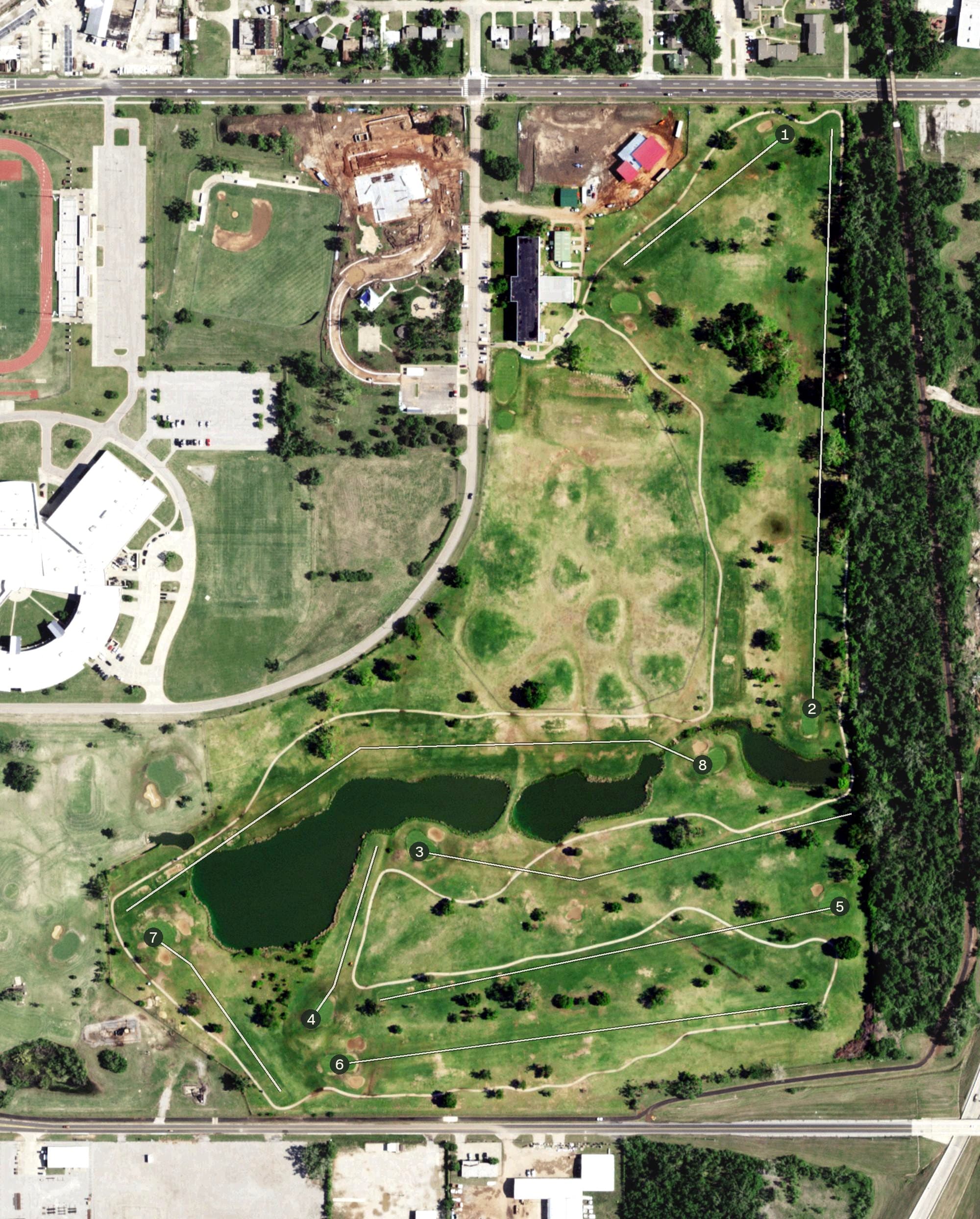 Aerial view of James E. Stewart Golf Course, OK, with its hole routing marked