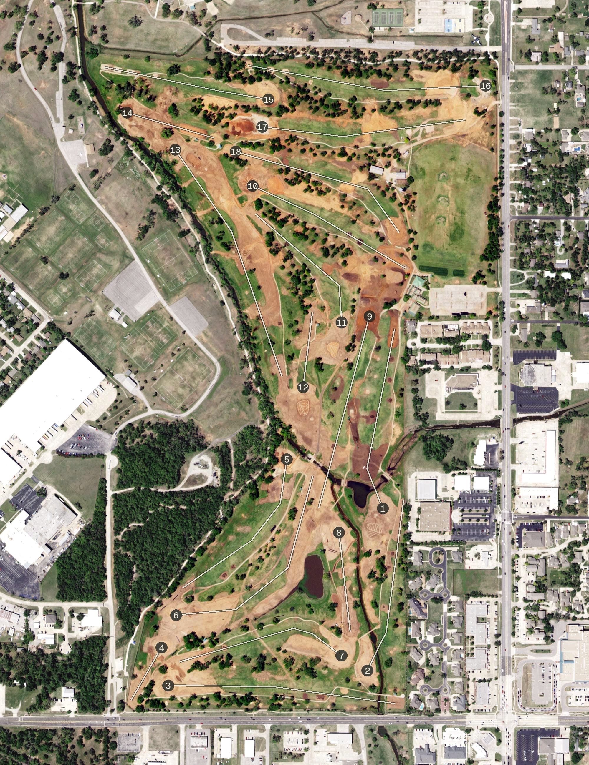 Aerial view of John Conrad Regional Golf Course, OK, with its hole routing marked