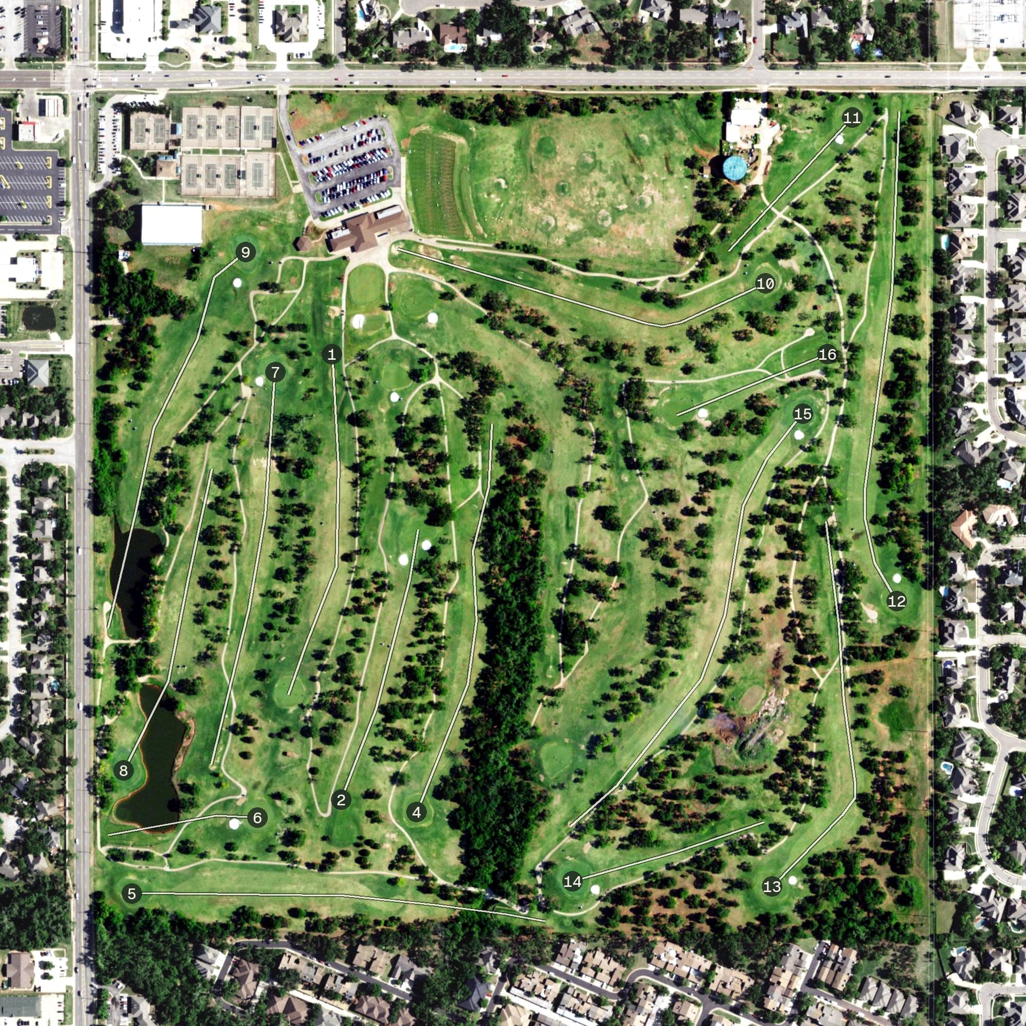 Aerial view of Kickingbird Golf Course, OK, with its hole routing marked