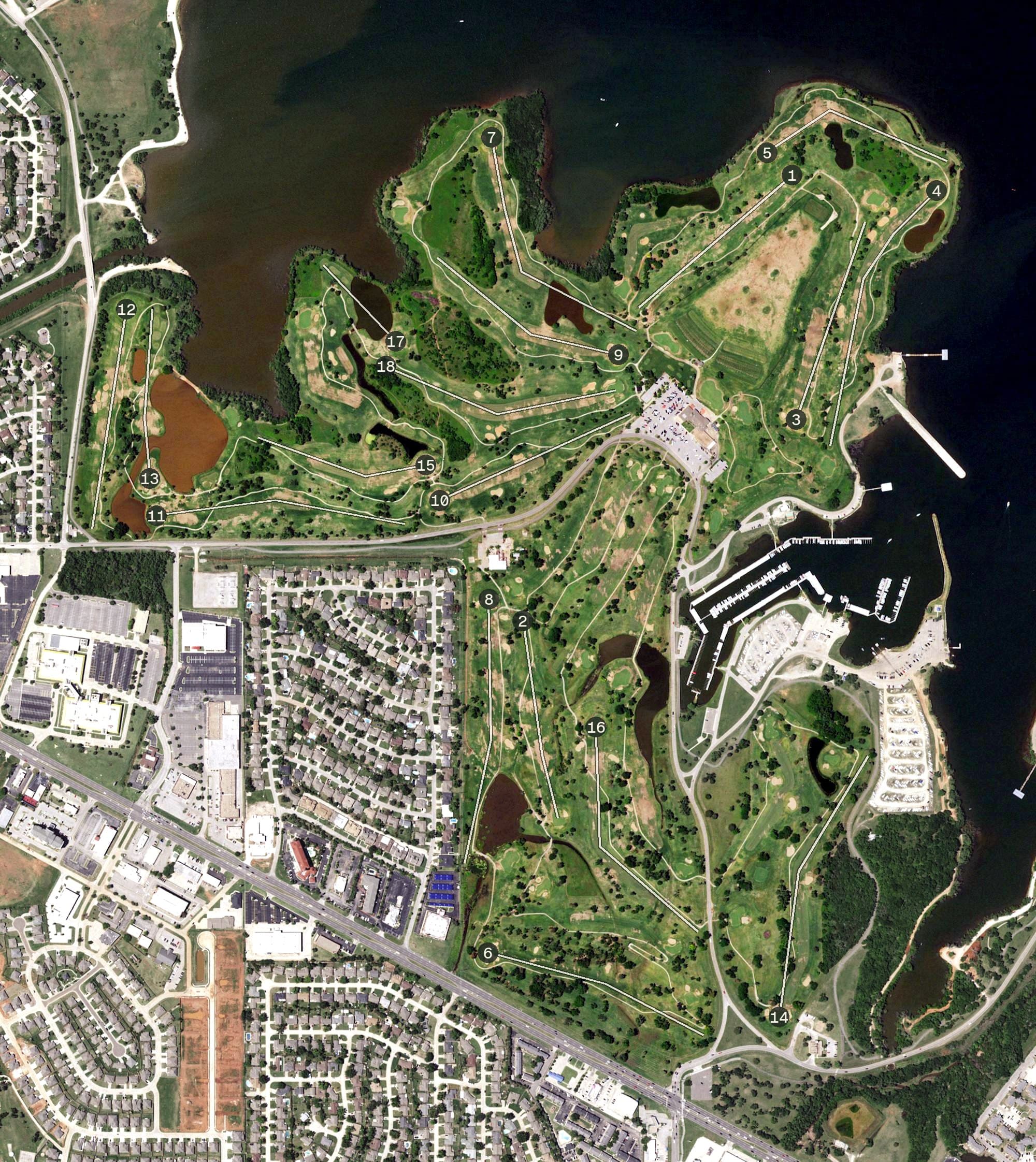 Aerial view of Lake Hefner Golf Course, OK, with its hole routing marked