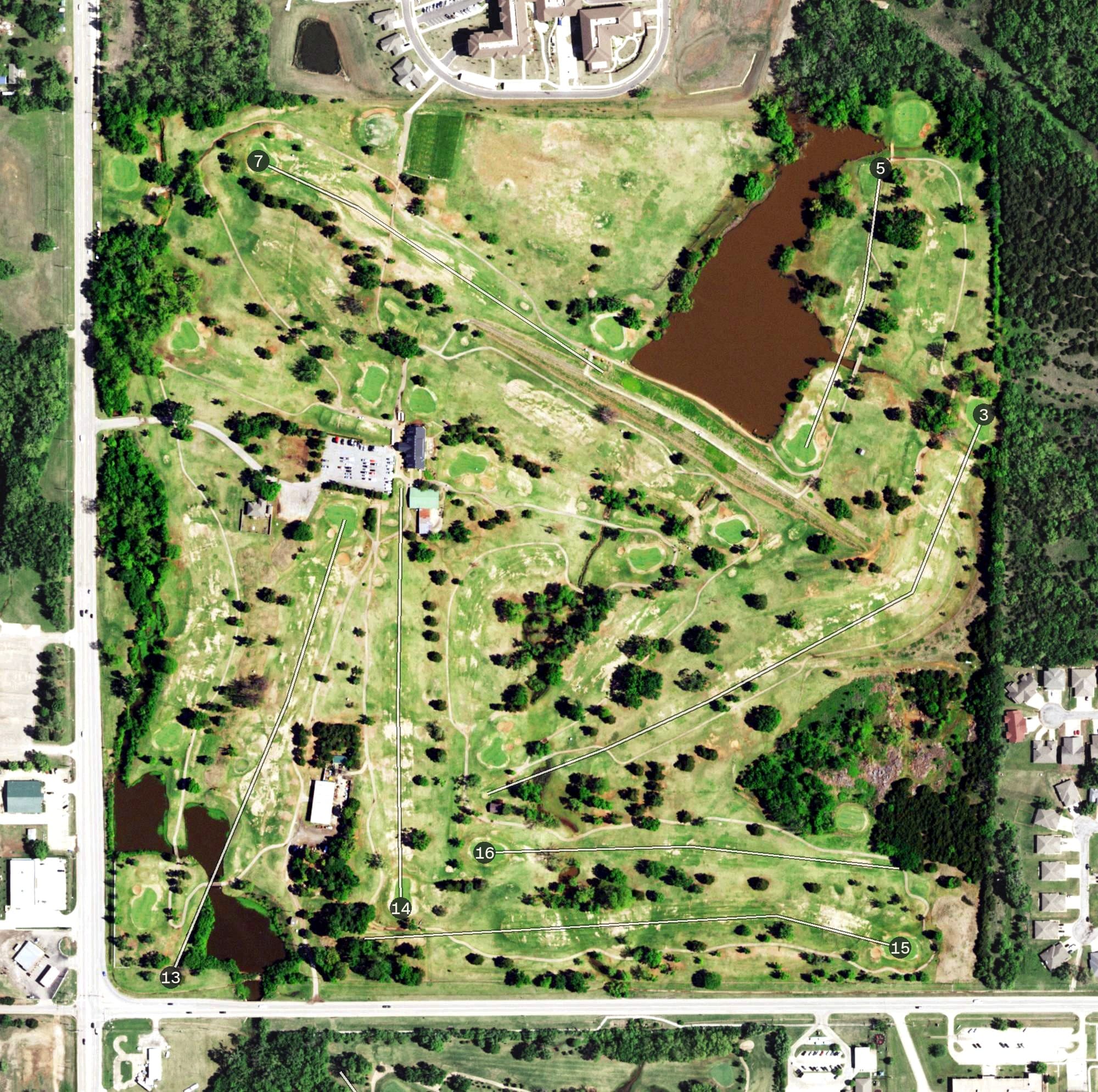 Aerial view of Lakeside Memorial Golf Course, OK, with its hole routing marked