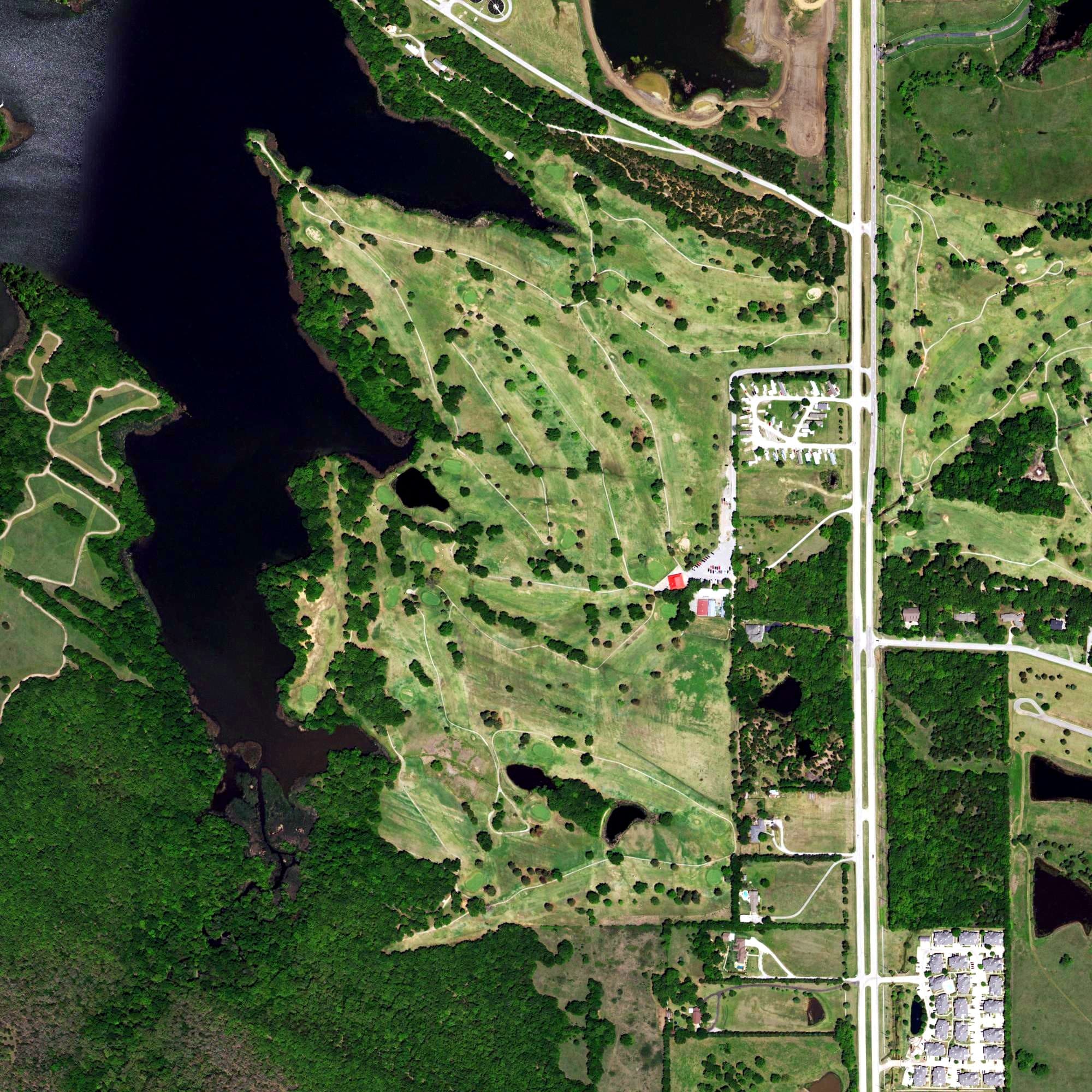 Aerial view of Lakeview Golf Club, OK, with its hole routing marked
