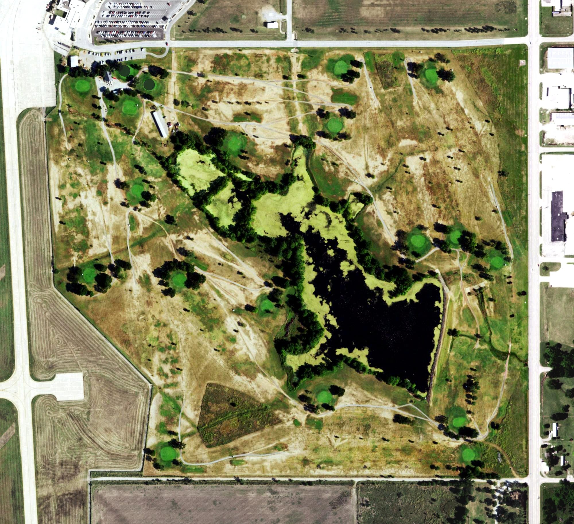 Aerial view of Lawton Municipal Golf Course, OK, with its hole routing marked