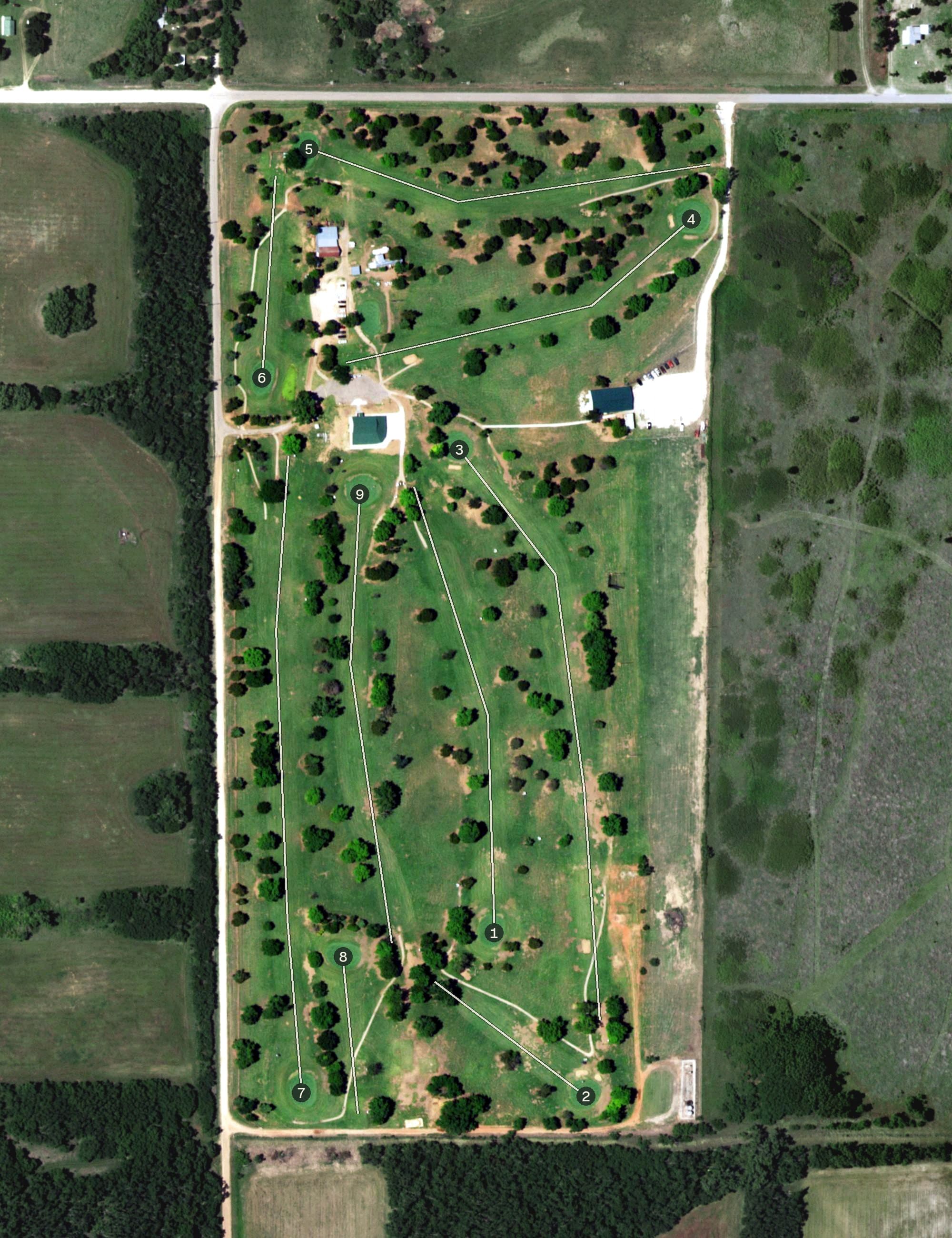 Aerial view of Legacy Golf Course, OK, with its hole routing marked