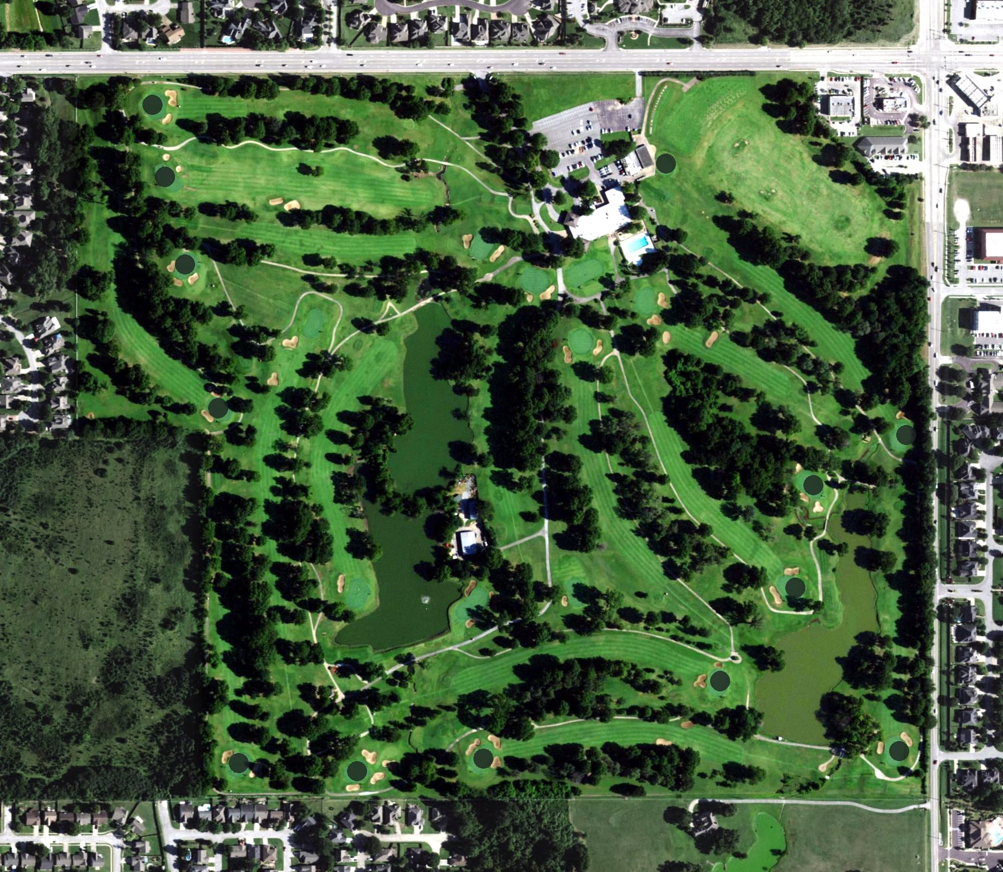 Aerial view of Meadowbrook Country Club, OK, with its hole routing marked