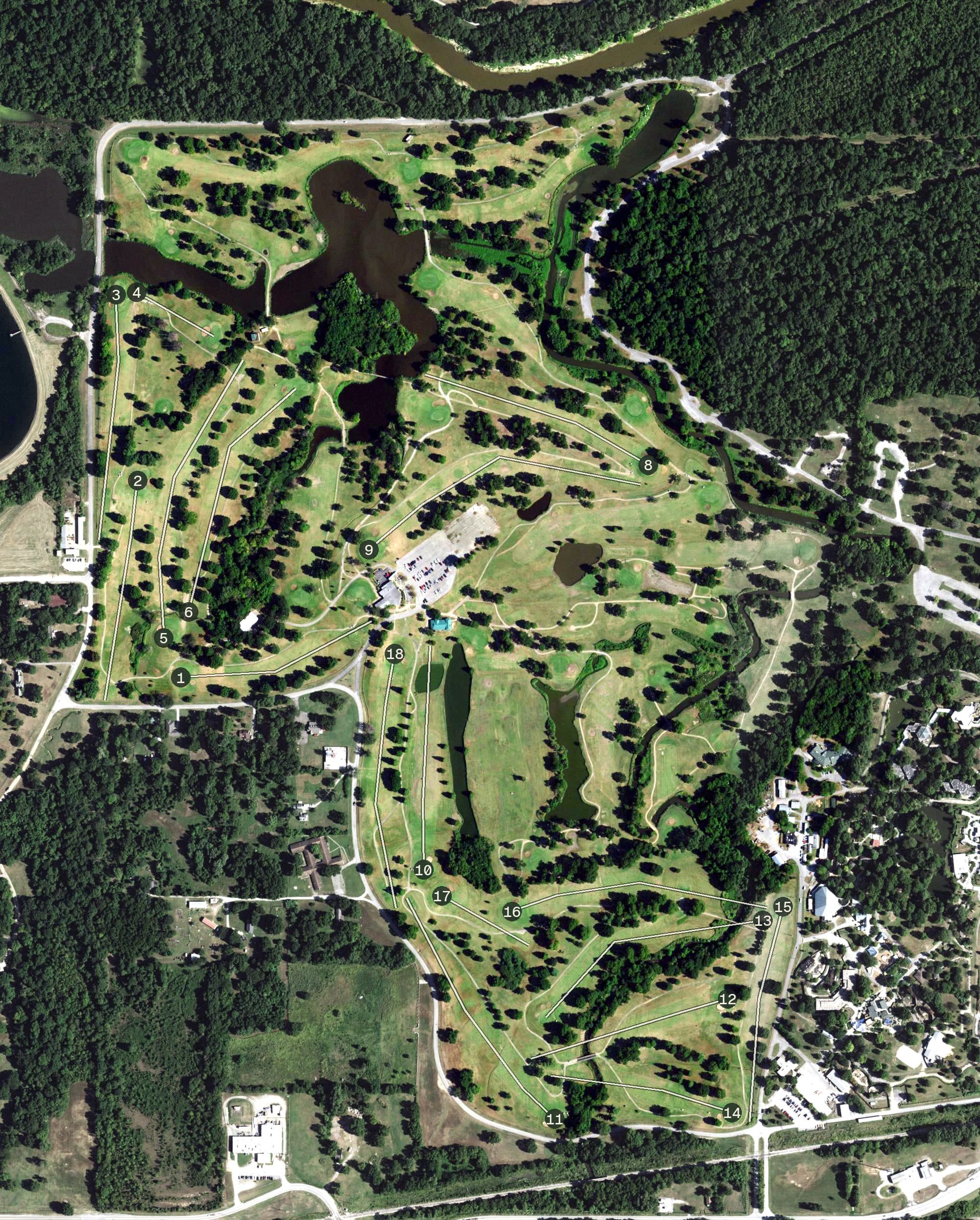 Aerial view of Mohawk Golf Course, OK, with its hole routing marked