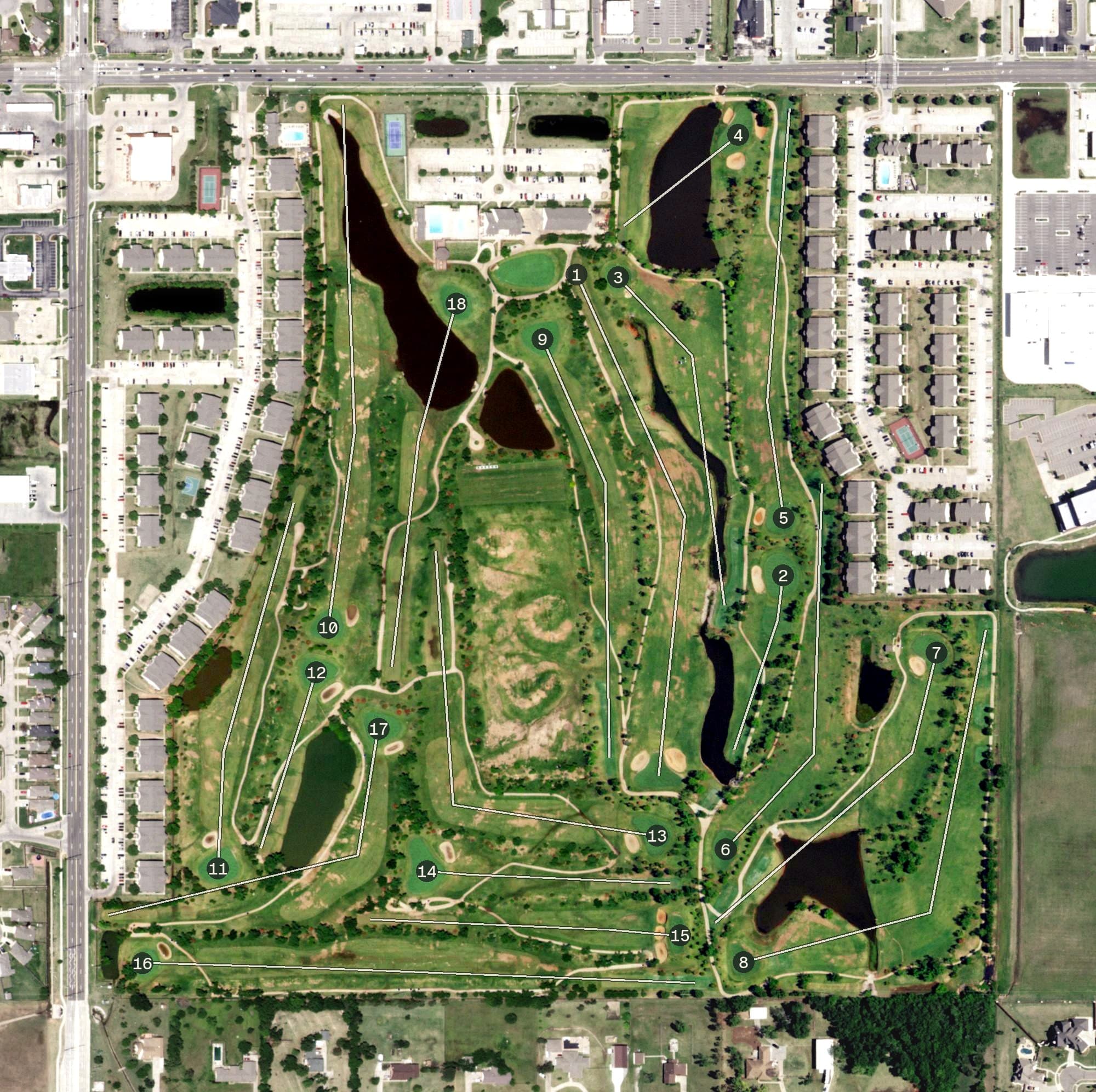 Aerial view of Moore Golf Course, OK, with its hole routing marked