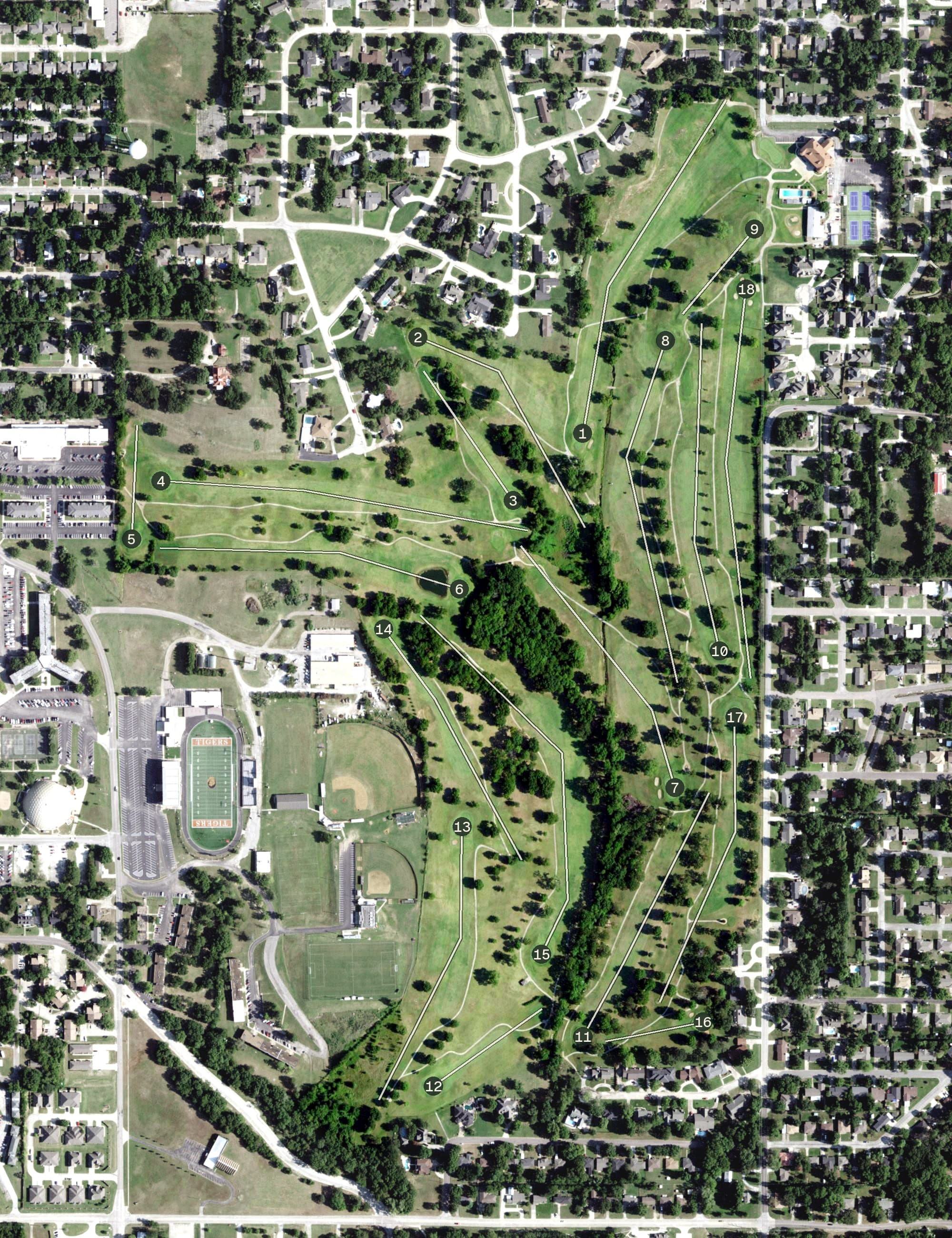Aerial view of Oak Hills Golf & Country Club, OK, with its hole routing marked