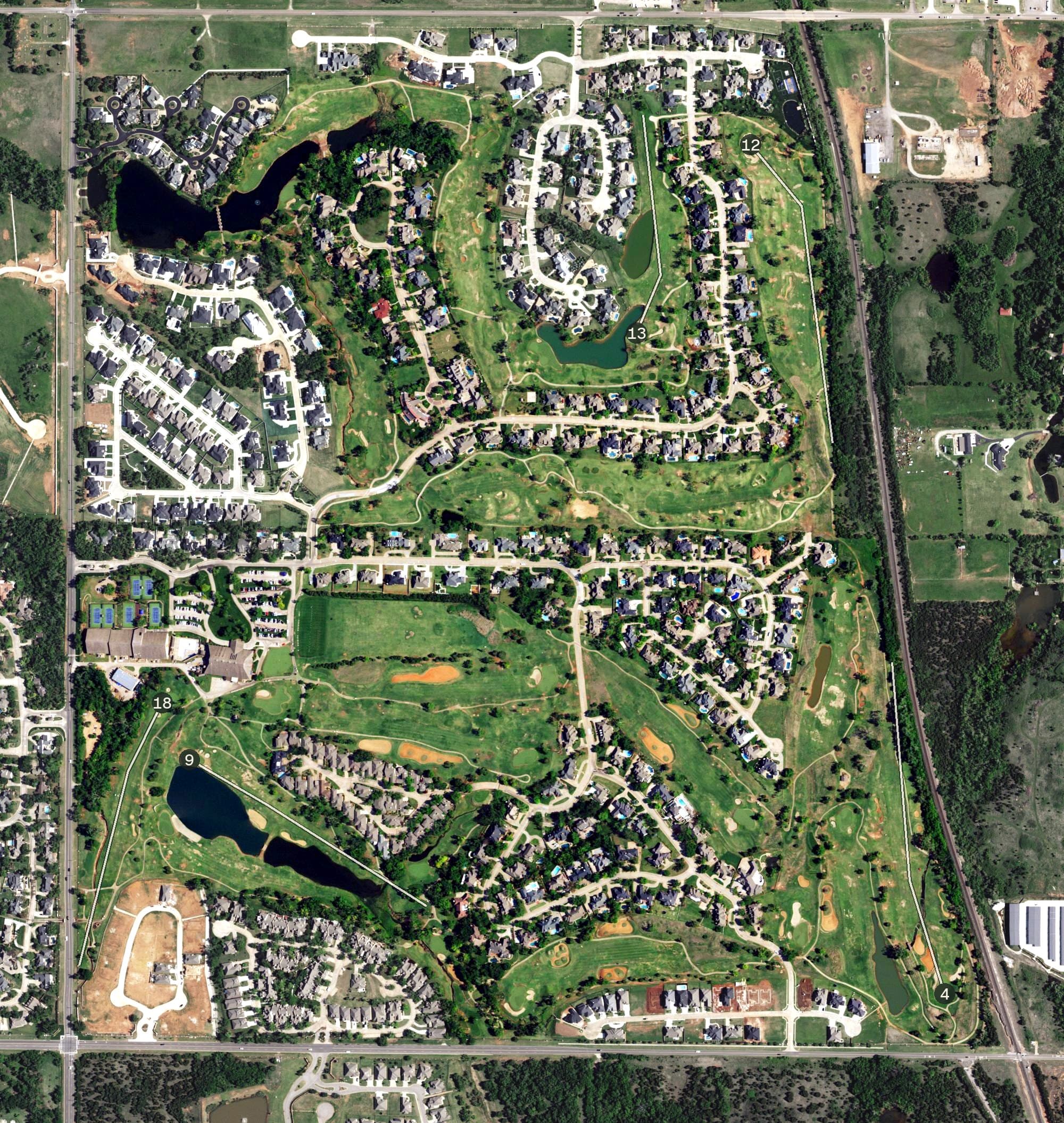 Aerial view of Oak Tree Country Club East Course, OK, with its hole routing marked