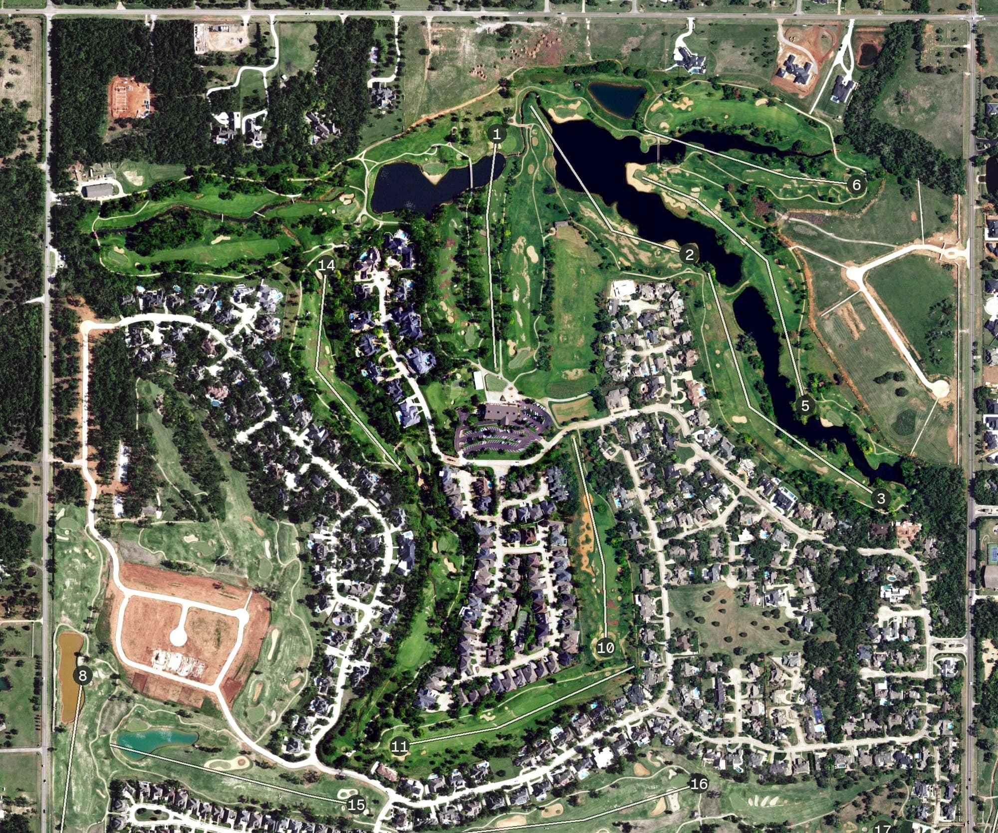 Aerial view of Oak Tree National, OK, with its hole routing marked