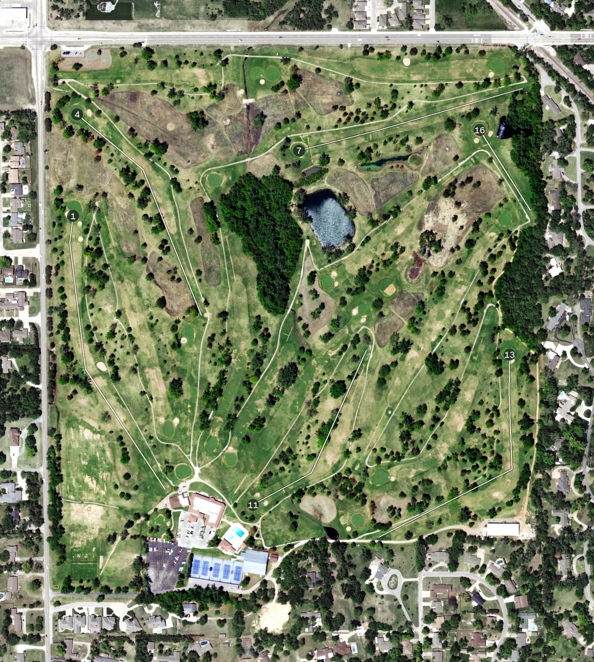 Aerial view of Oakwood Country Club Golf Course, OK, with its hole routing marked