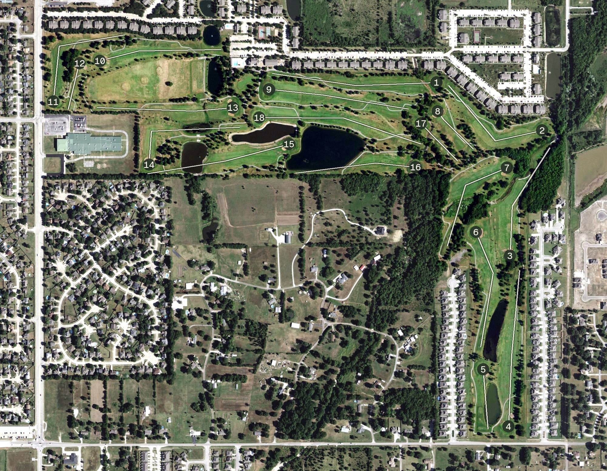 Aerial view of Owasso Golf and Athletic Club, OK, with its hole routing marked