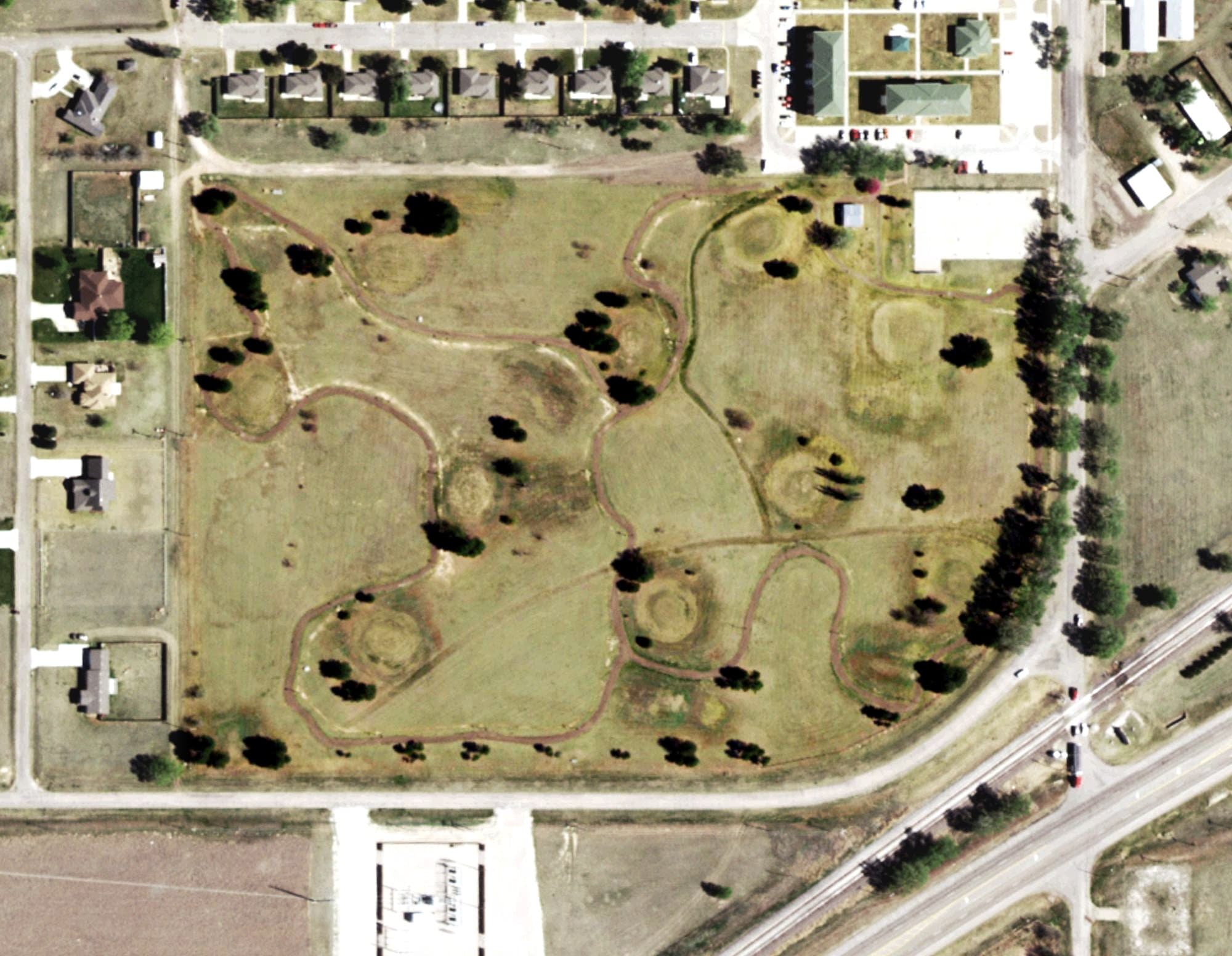 Aerial view of Panhandle Park, OK, with its hole routing marked