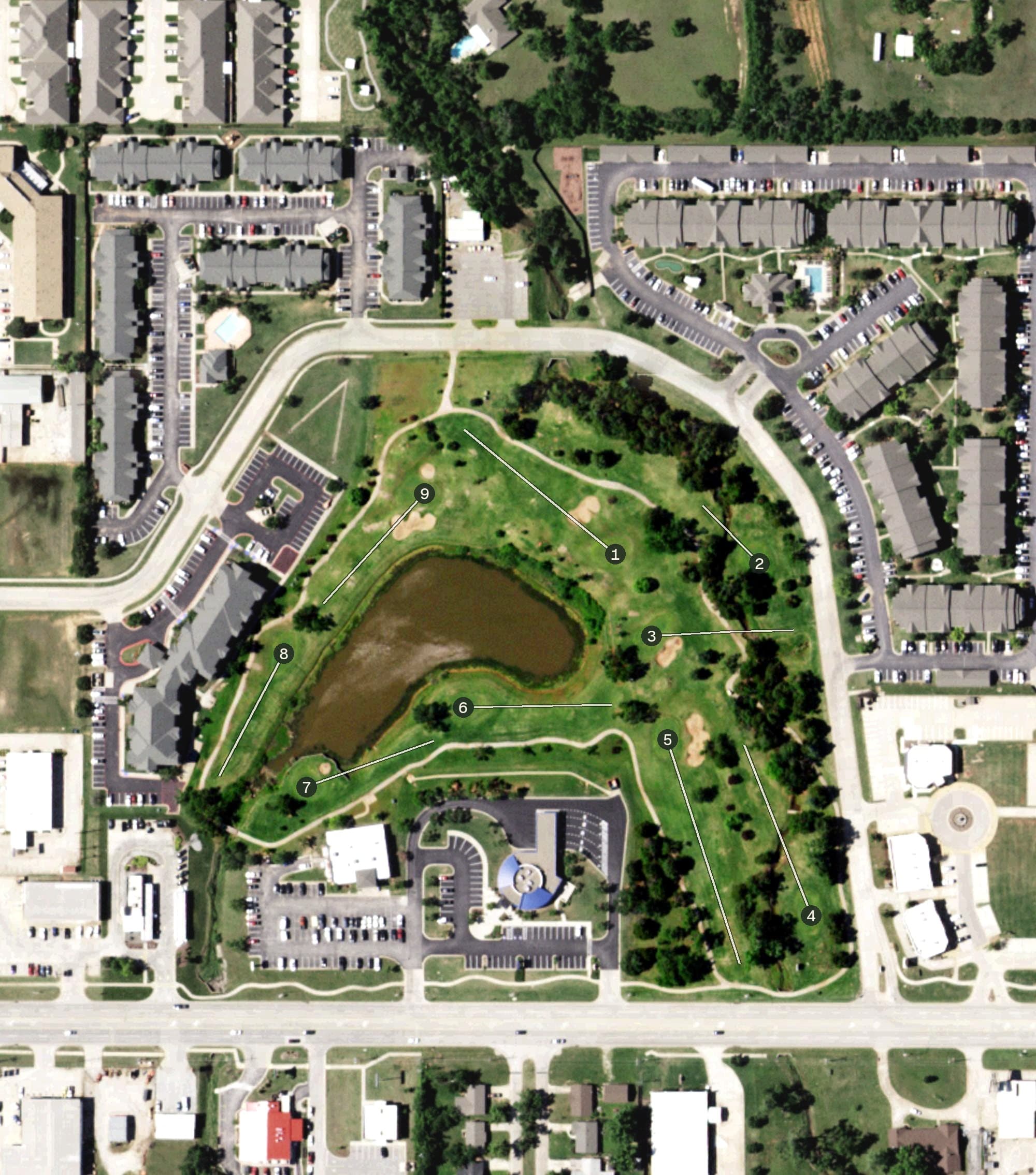 Aerial view of Pebble Creek Golf Course, OK, with its hole routing marked