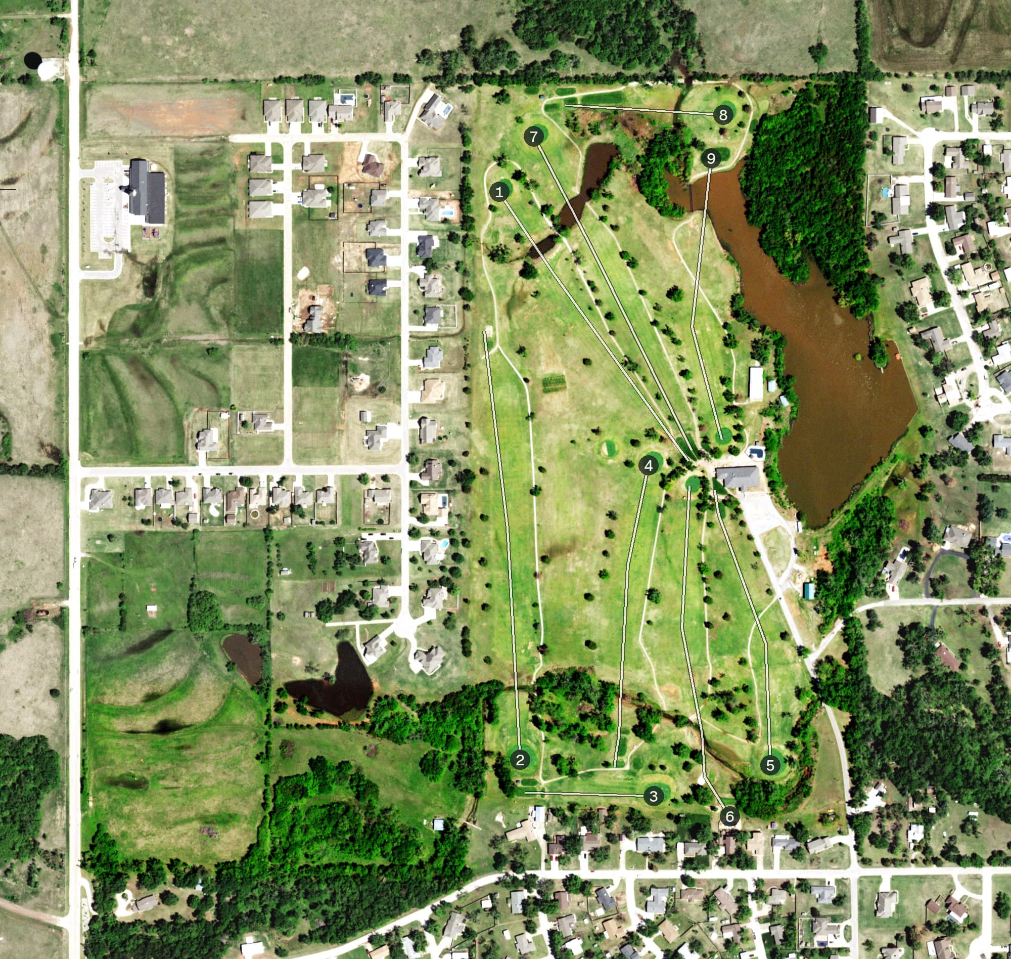 Aerial view of Perry Golf & Country Club, OK, with its hole routing marked
