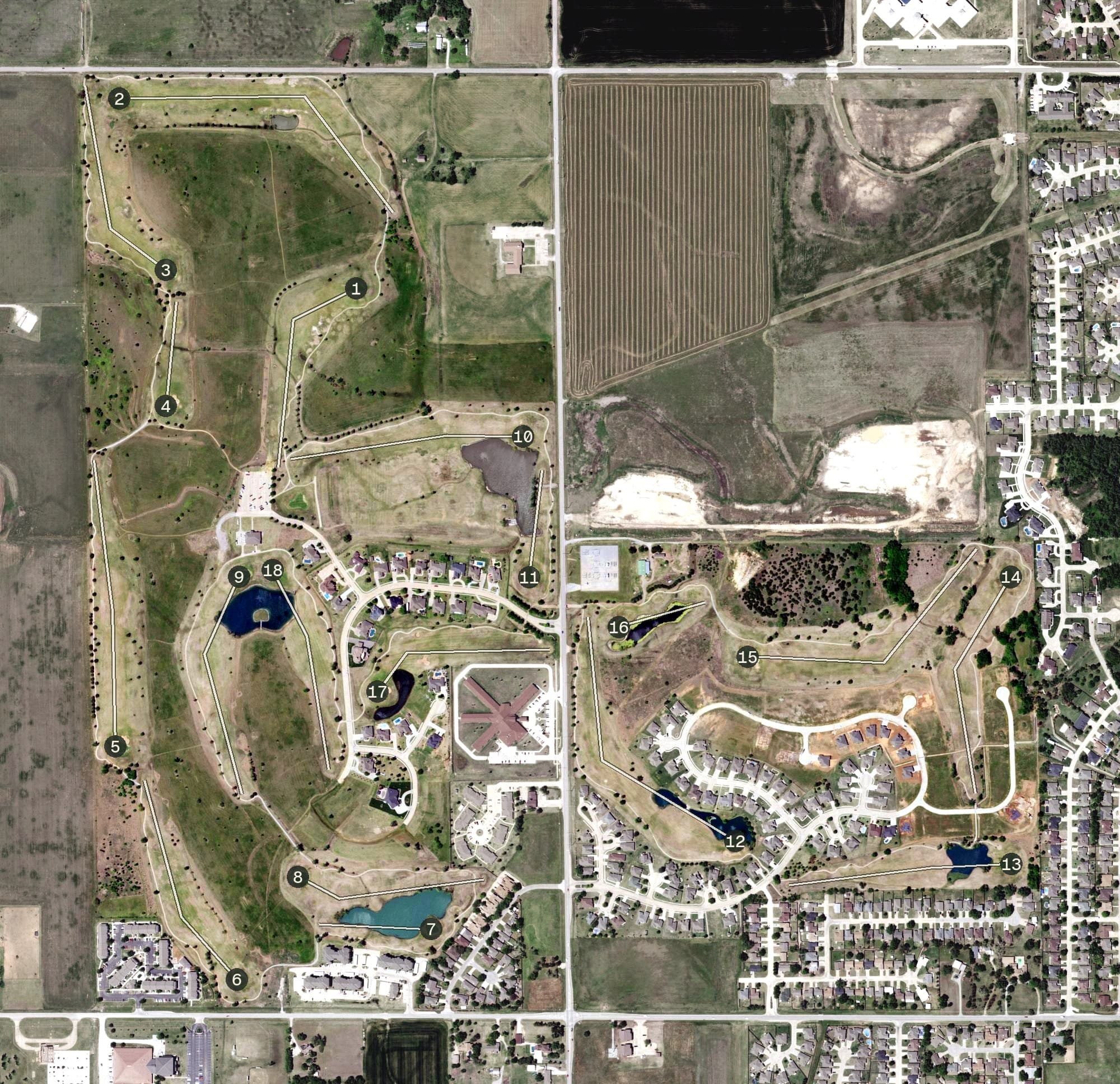 Aerial view of Pheasant Run Golf Course, OK, with its hole routing marked
