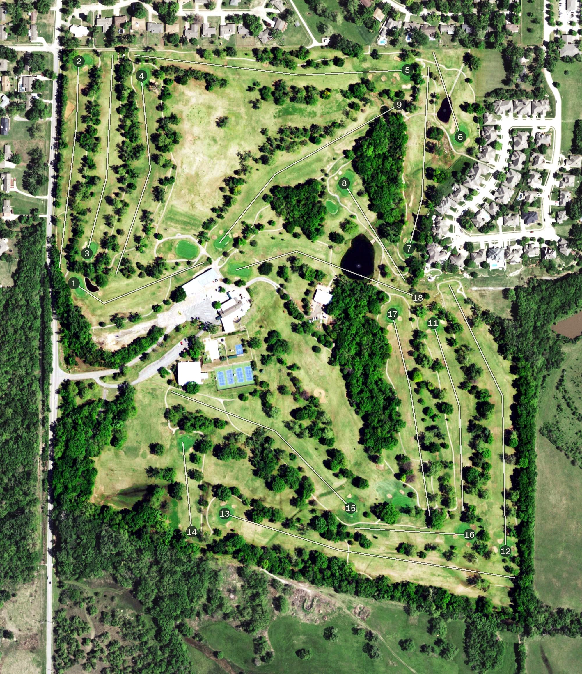 Aerial view of Ponca City Country Club, OK, with its hole routing marked