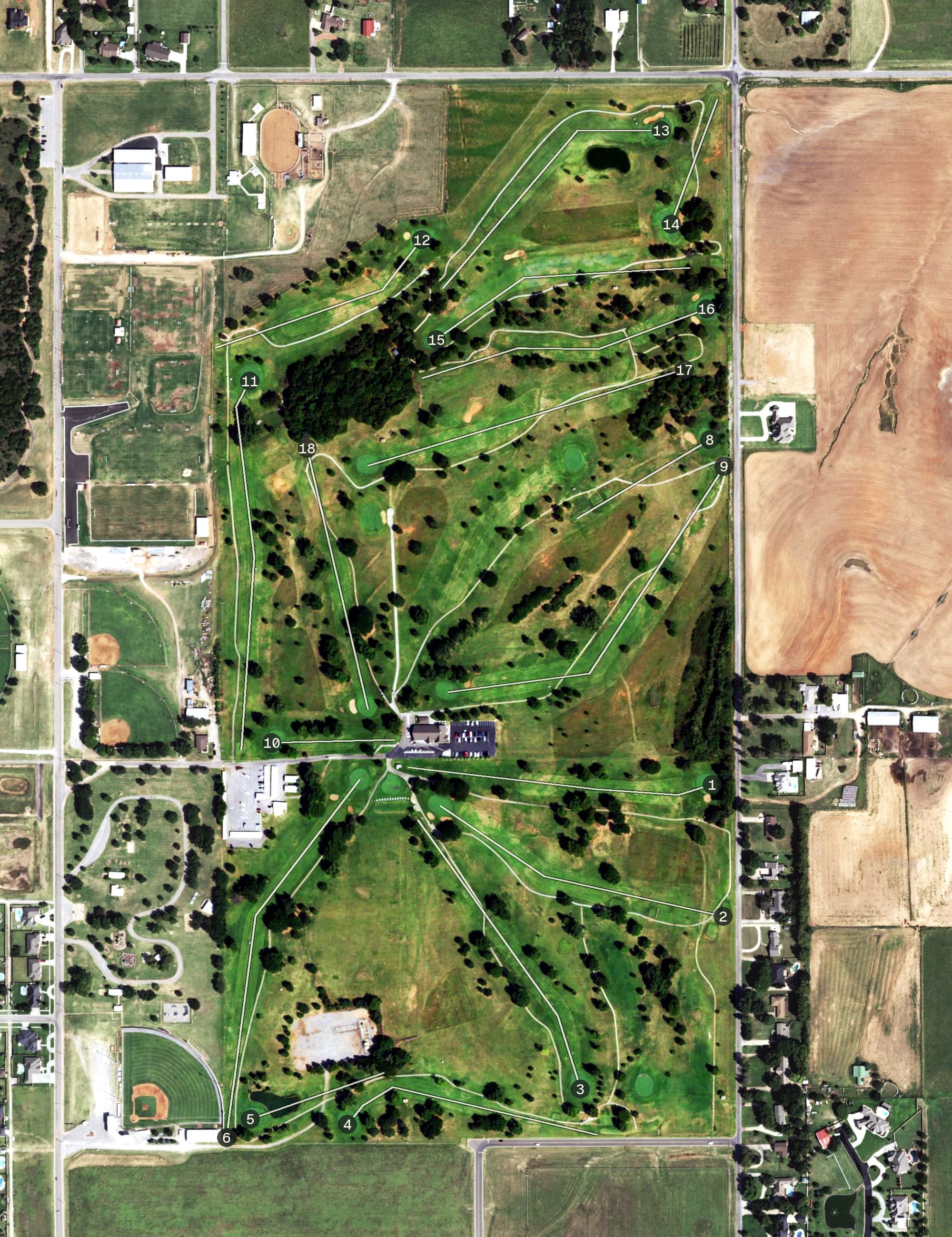 Aerial view of Prairie West Golf Course, OK, with its hole routing marked