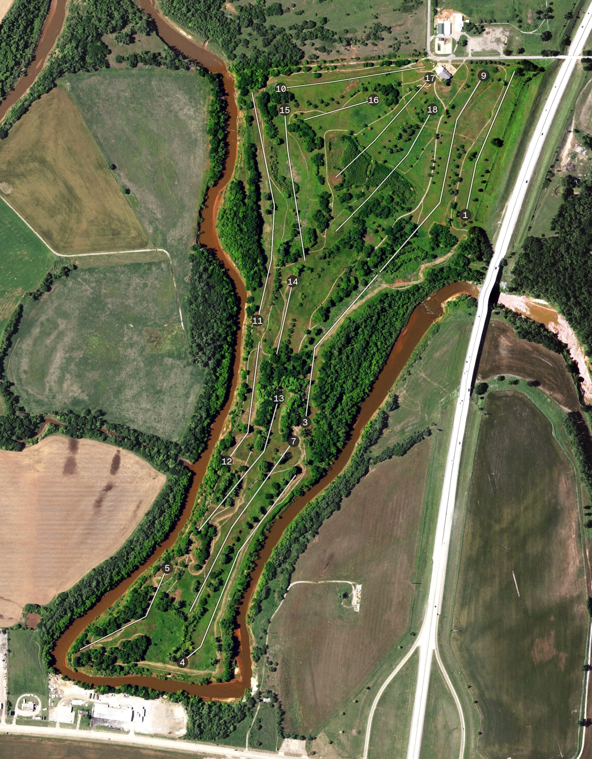 Aerial view of River Bend South Course, OK, with its hole routing marked