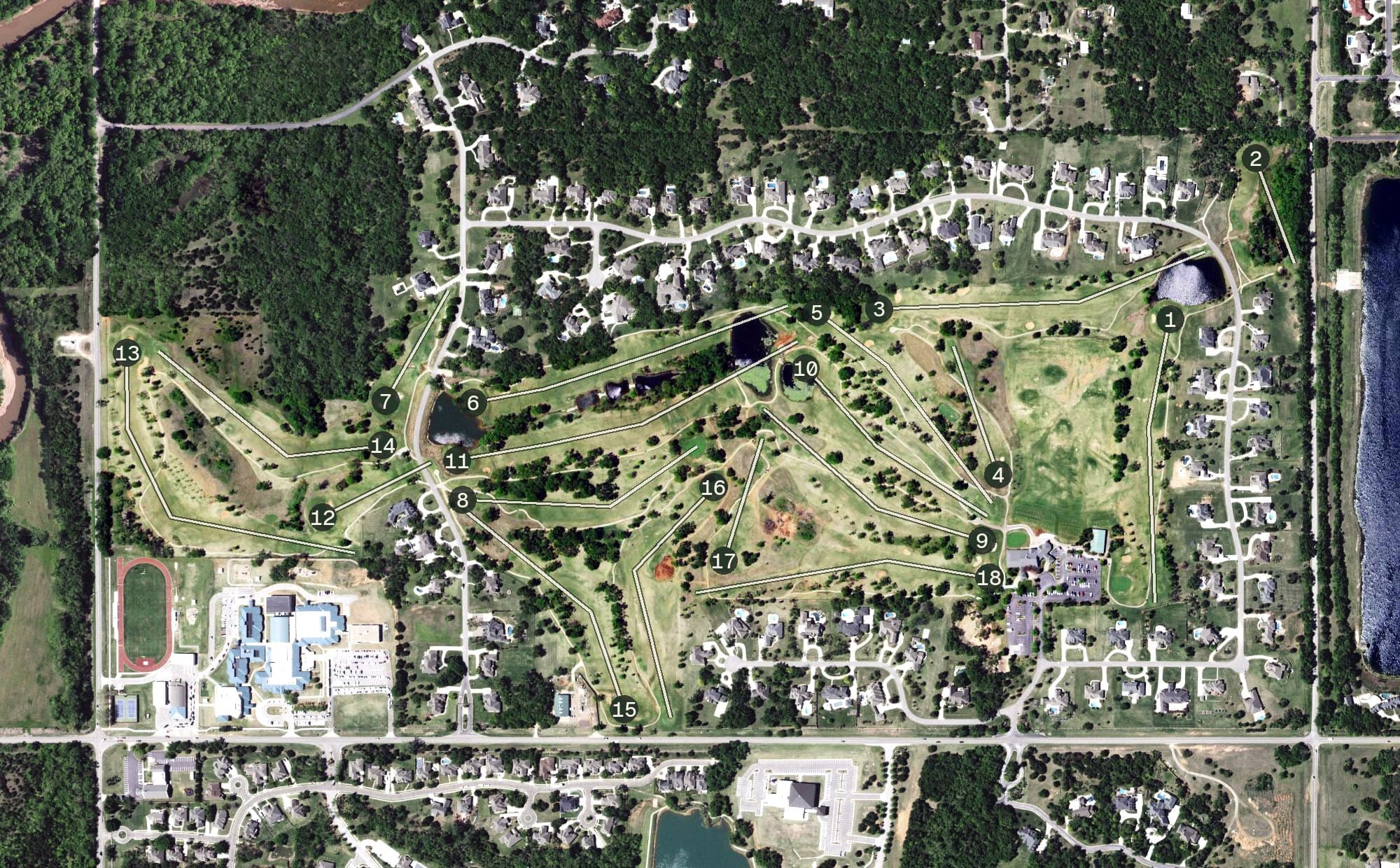 Aerial view of River Oaks Golf Club, OK, with its hole routing marked
