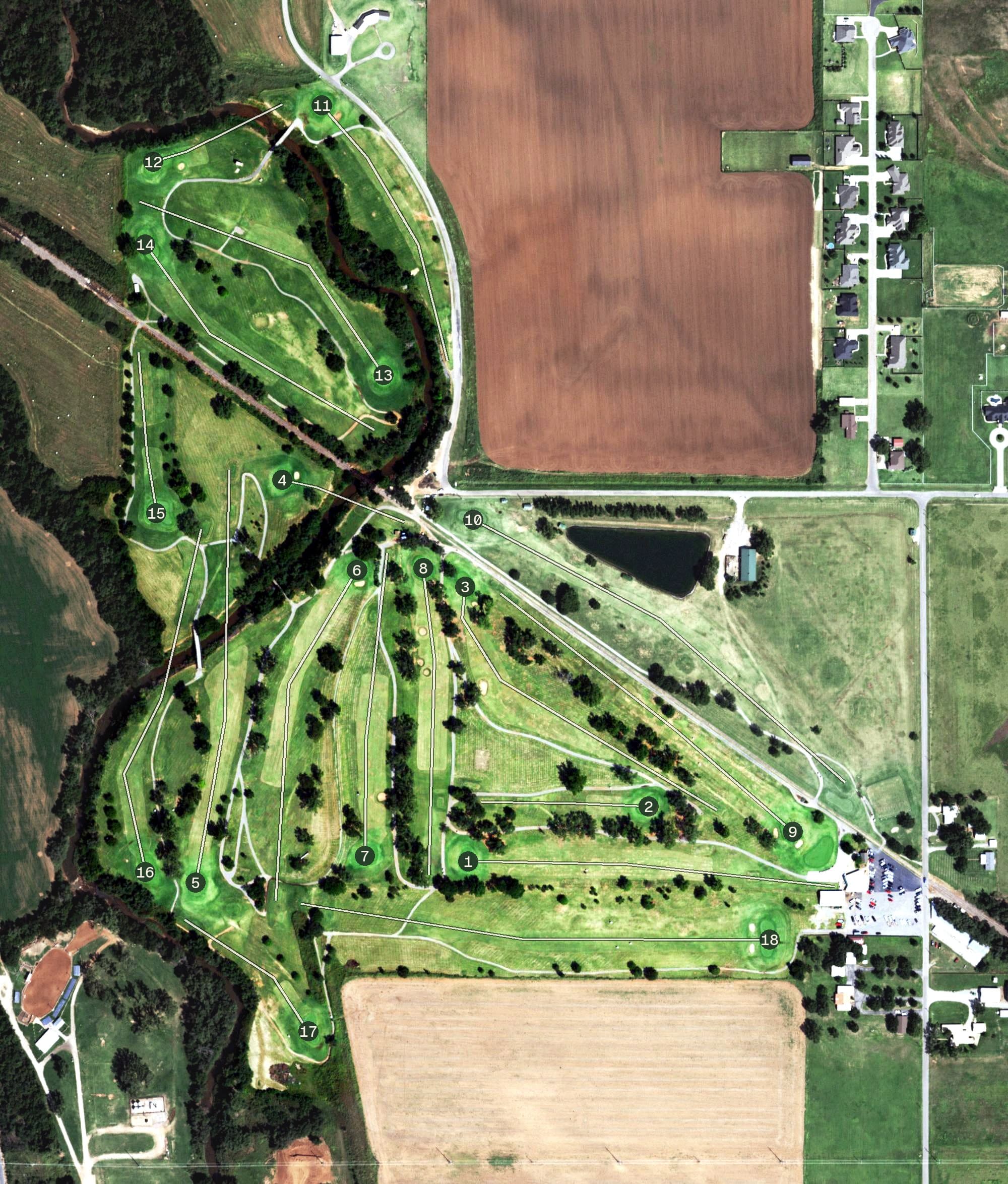 Aerial view of Riverside Golf Course, OK, with its hole routing marked