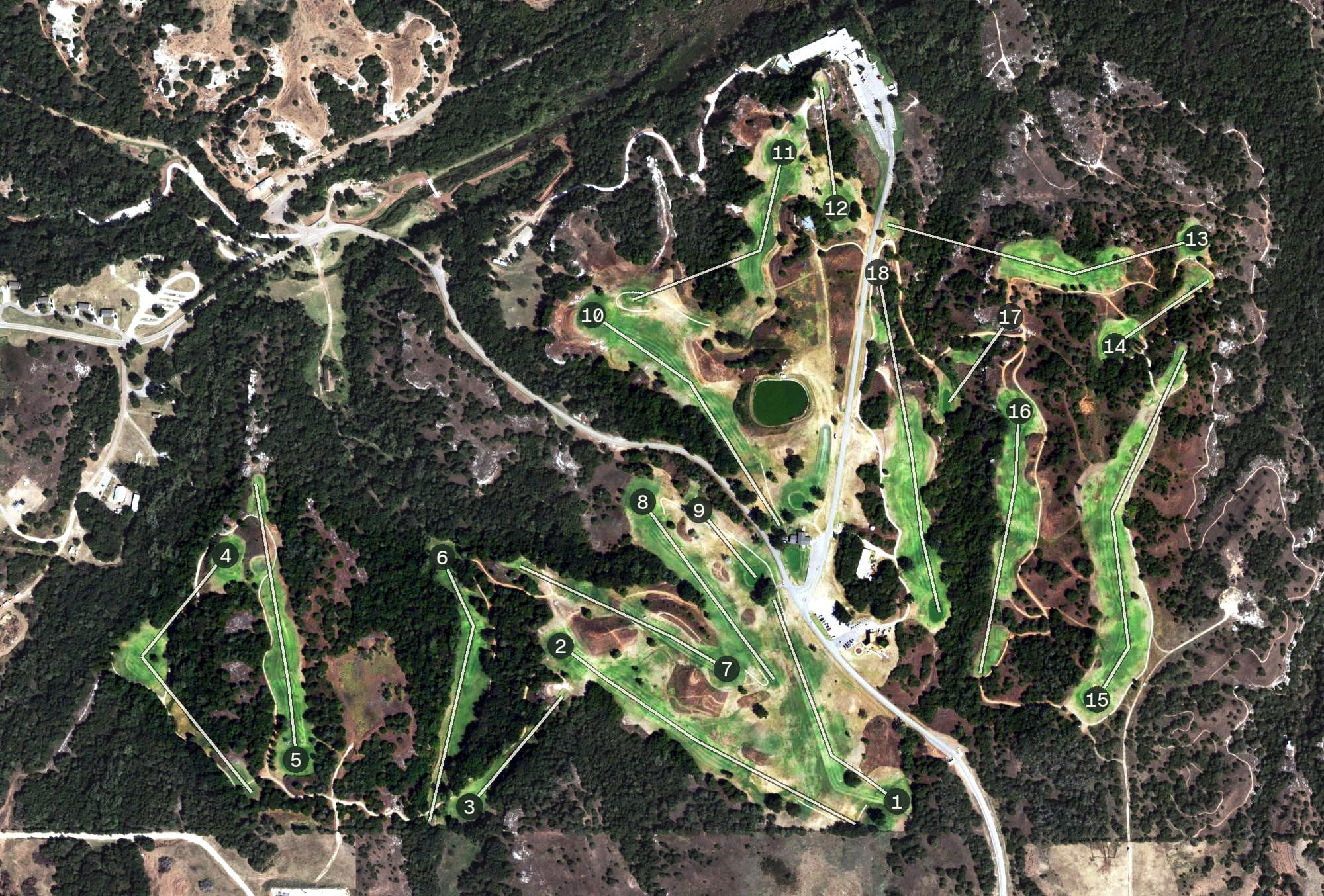 Aerial view of Roman Nose State Park Golf Course, OK, with its hole routing marked