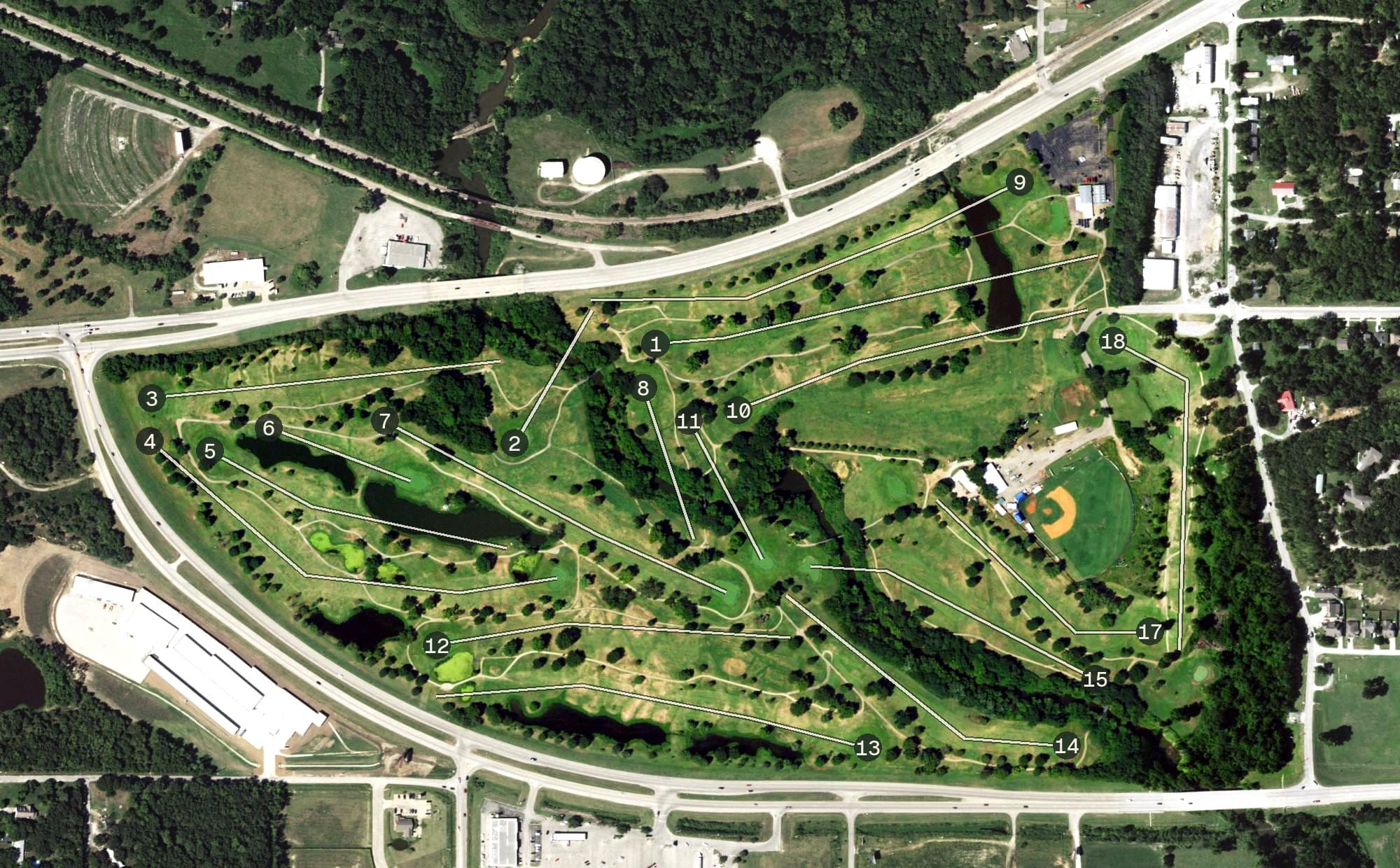 Aerial view of Sapulpa City Golf Course, OK, with its hole routing marked
