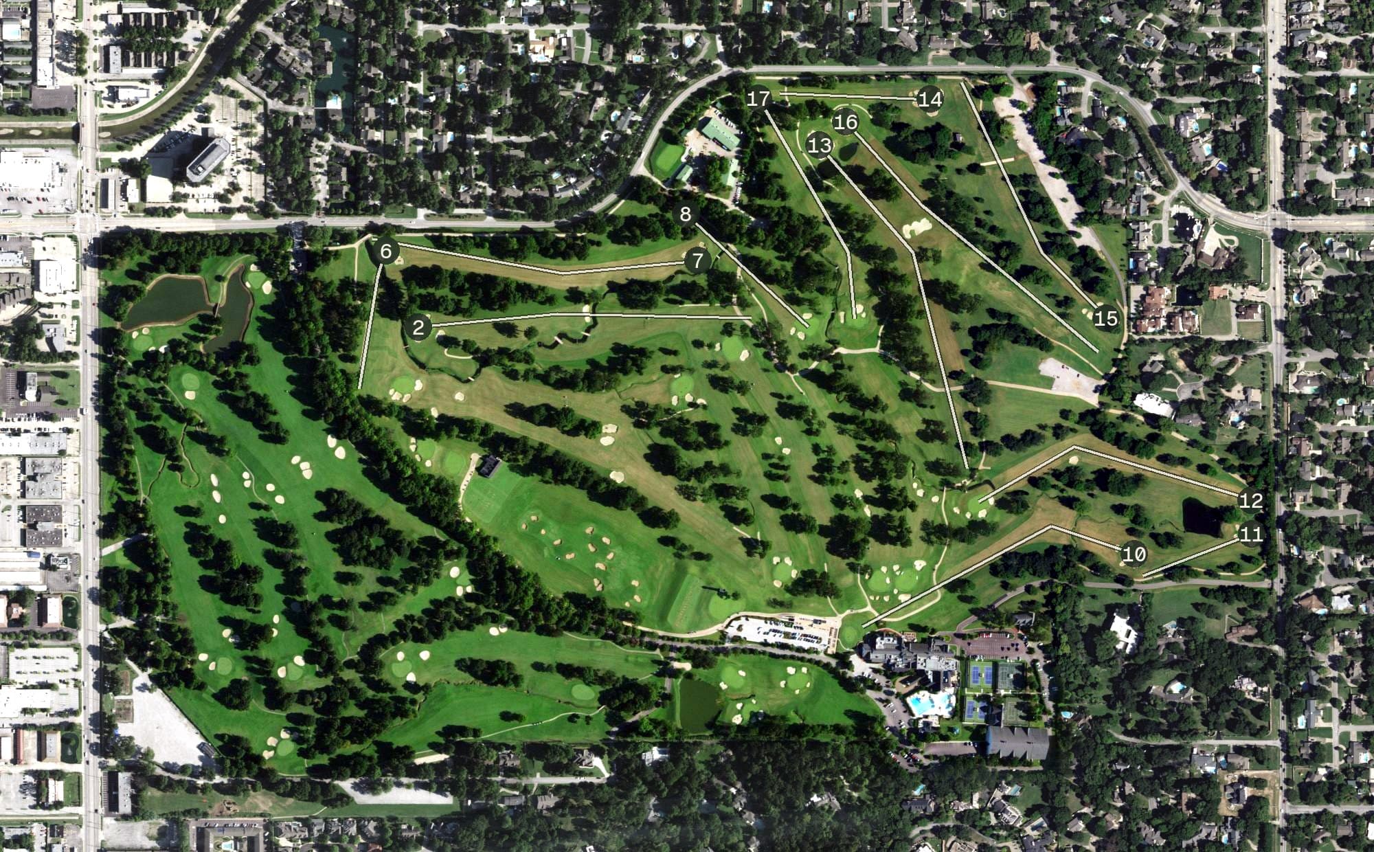 Aerial view of Southern Hills Country Club, OK, with its hole routing marked
