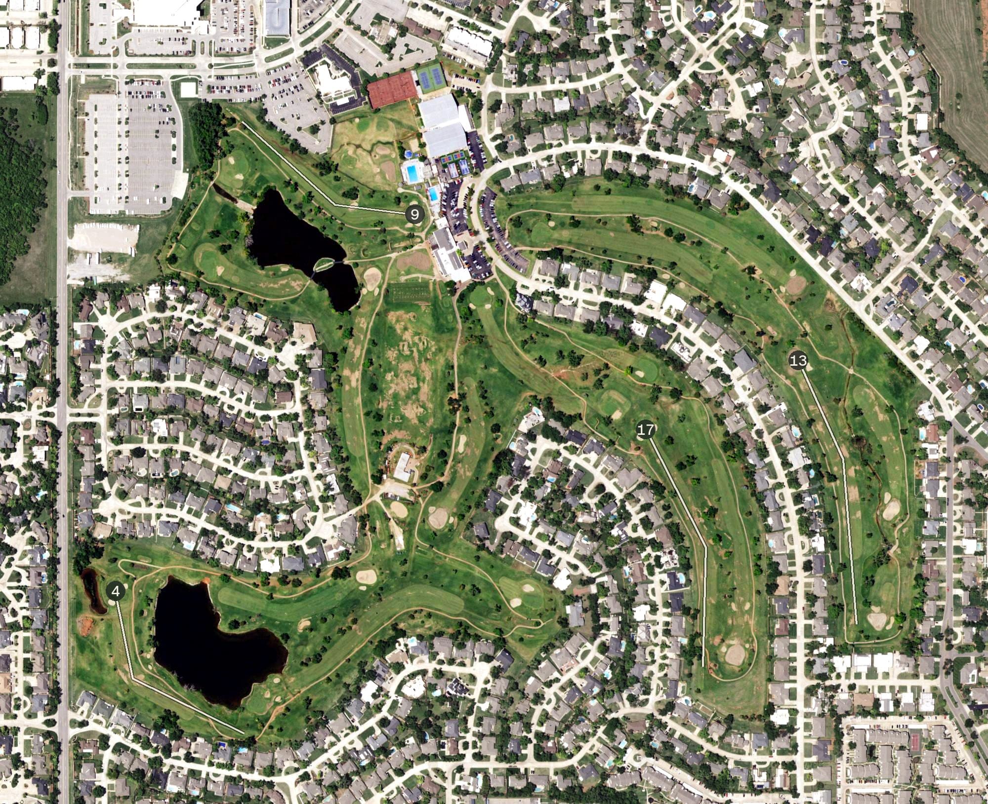 Aerial view of The Greens Country Club, OK, with its hole routing marked
