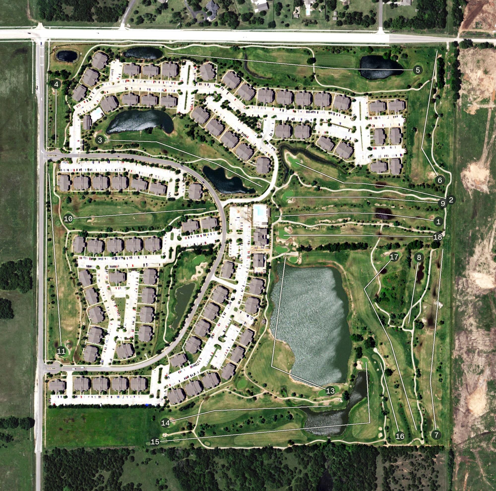 Aerial view of The Links At Norman, OK, with its hole routing marked