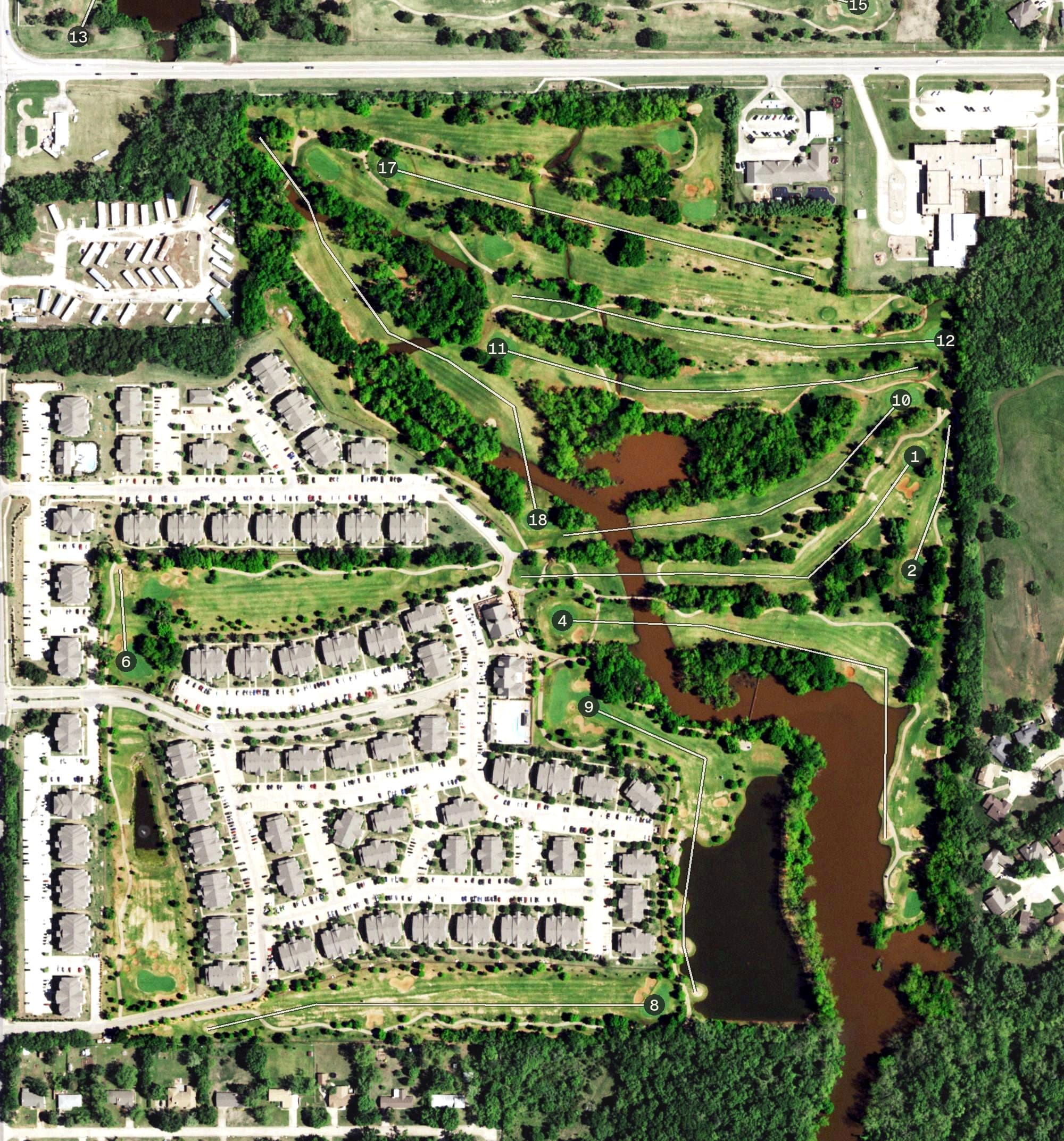 Aerial view of The Links, OK, with its hole routing marked