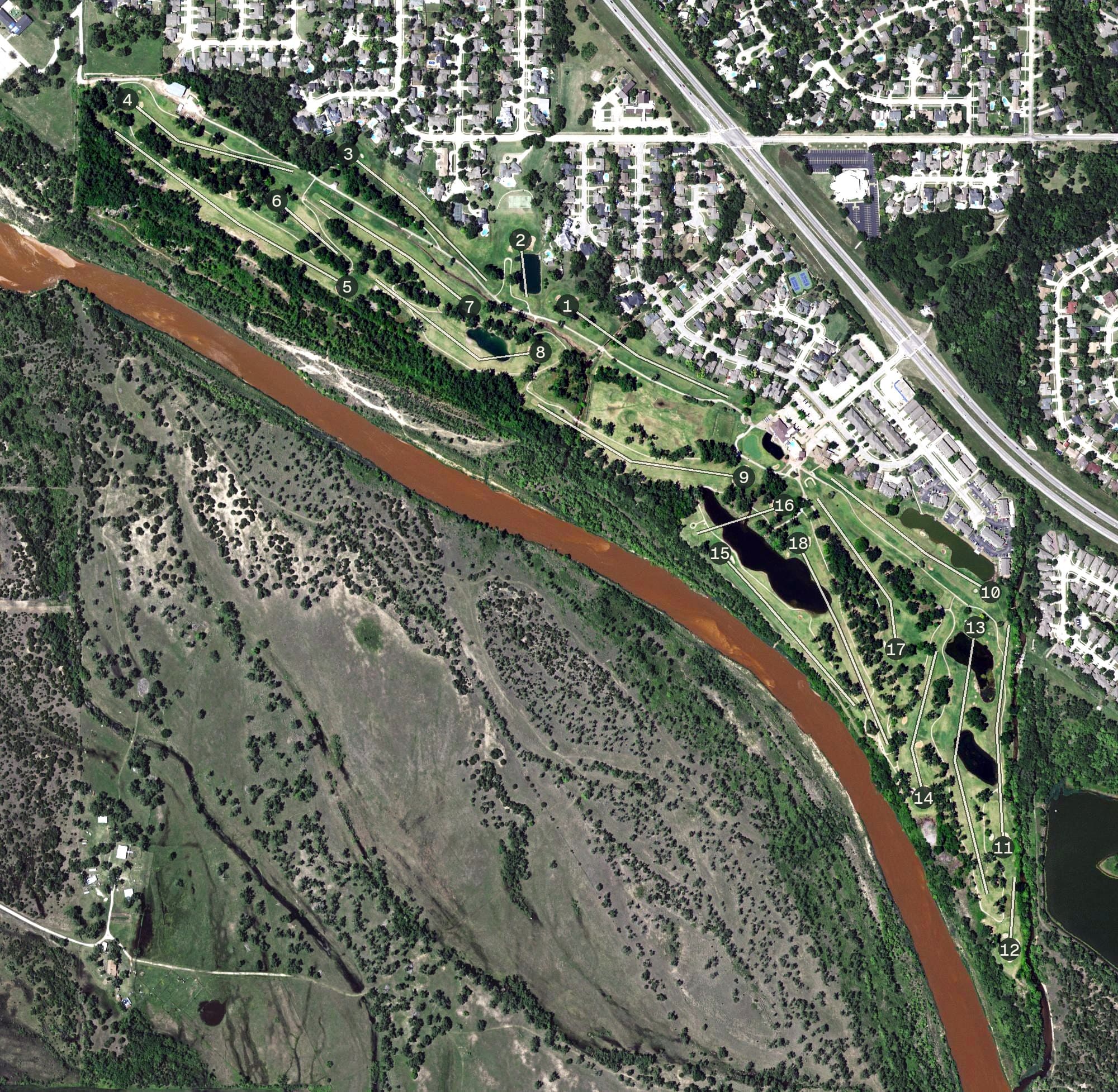 Aerial view of The Trails, OK, with its hole routing marked