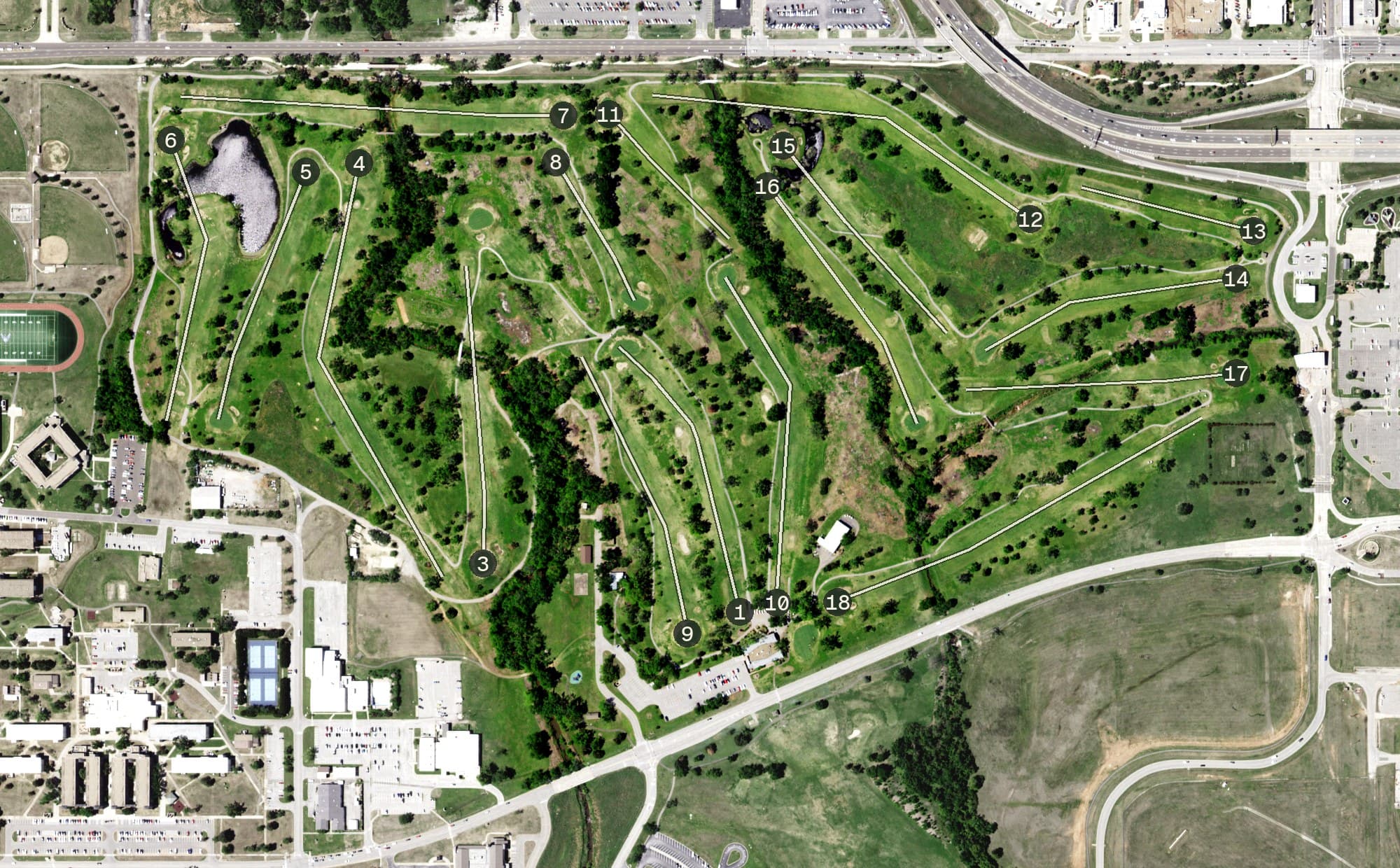 Aerial view of Tinker Golf Course, OK, with its hole routing marked