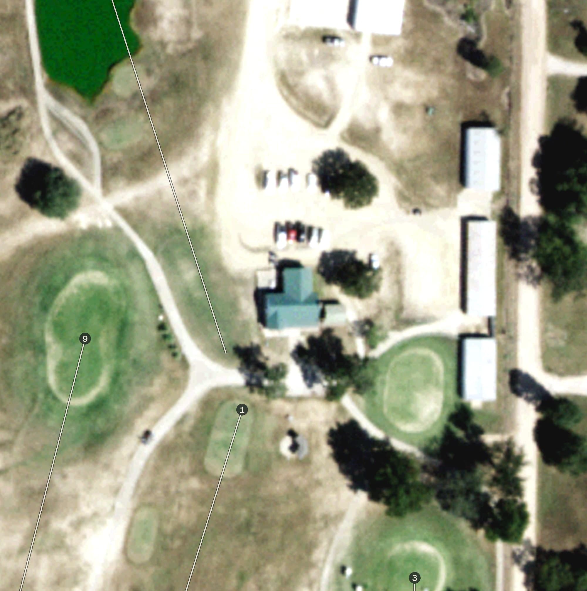 Aerial view of Tishomingo Golf Course, OK, with its hole routing marked
