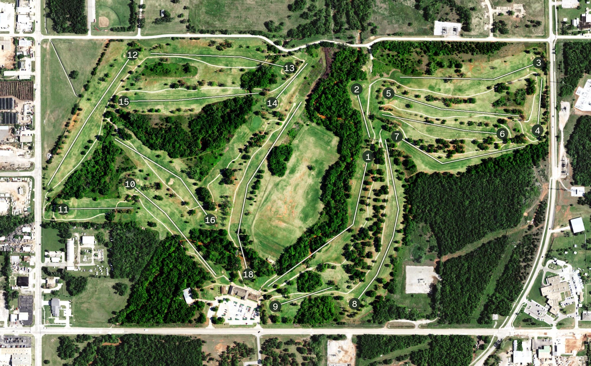 Aerial view of Trosper Golf Club, OK, with its hole routing marked