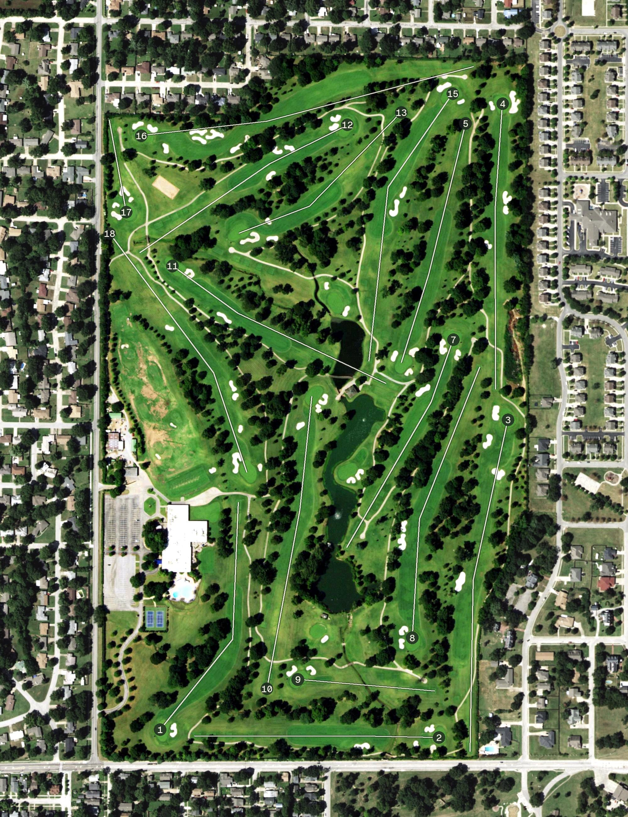 Aerial view of Tulsa Country Club, OK, with its hole routing marked