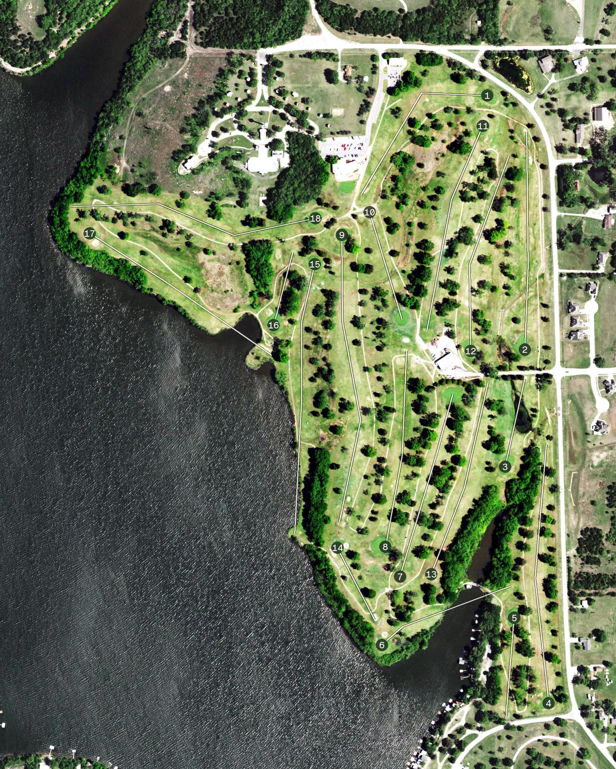Aerial view of Wentz Golf Course, OK, with its hole routing marked